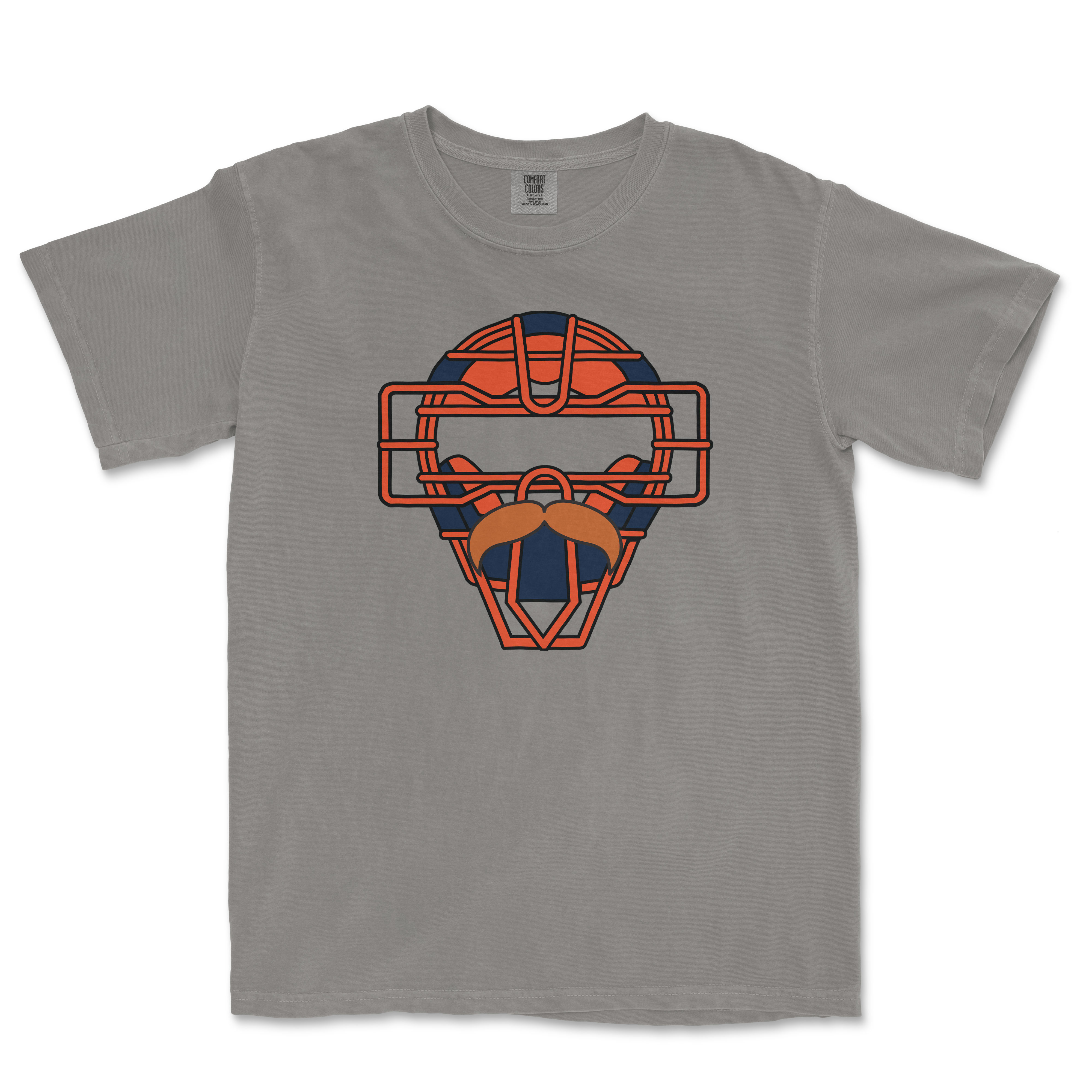 Gray Comfort Colors T-shirt featuring a stylized, geometric illustration of a hockey goalie mask with a mustache design.