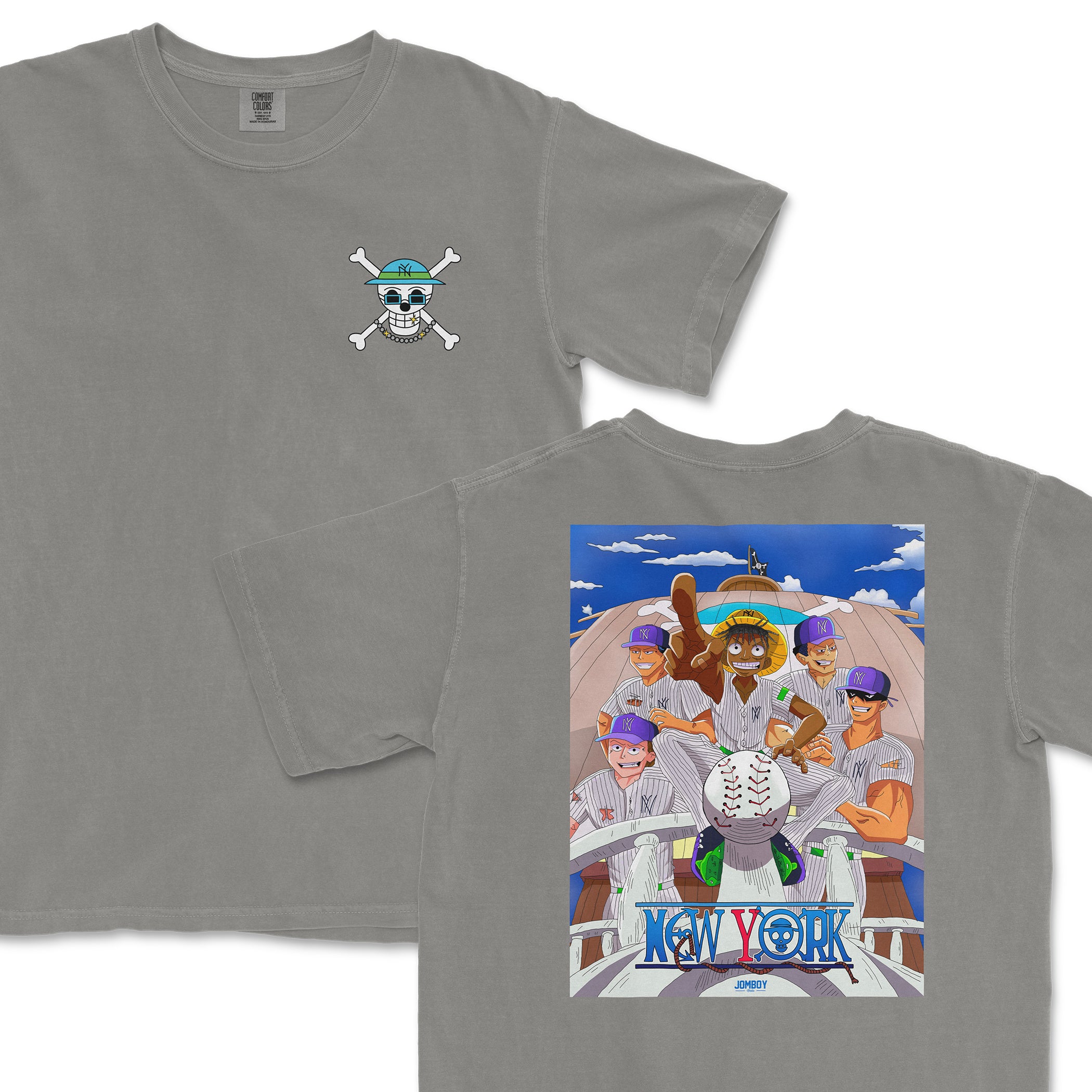 Gray Comfort Colors T-shirt featuring a "JAZZ X ONE PIECE" design with animated characters in baseball uniforms, including a skull mascot and a baseball-themed background.