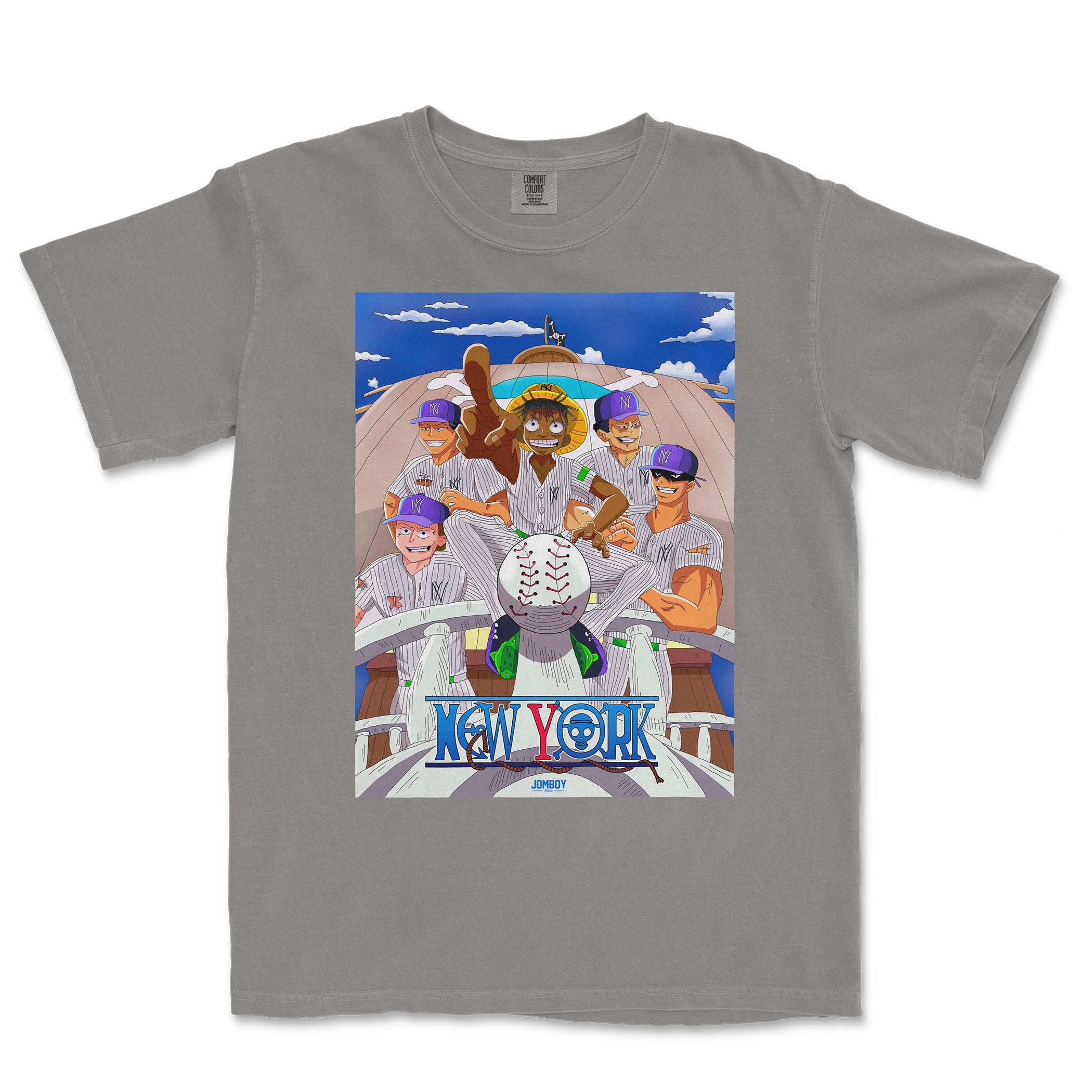 Gray Comfort Colors T-shirt featuring a colorful animated illustration of baseball players with "New York" text and a baseball-themed design.