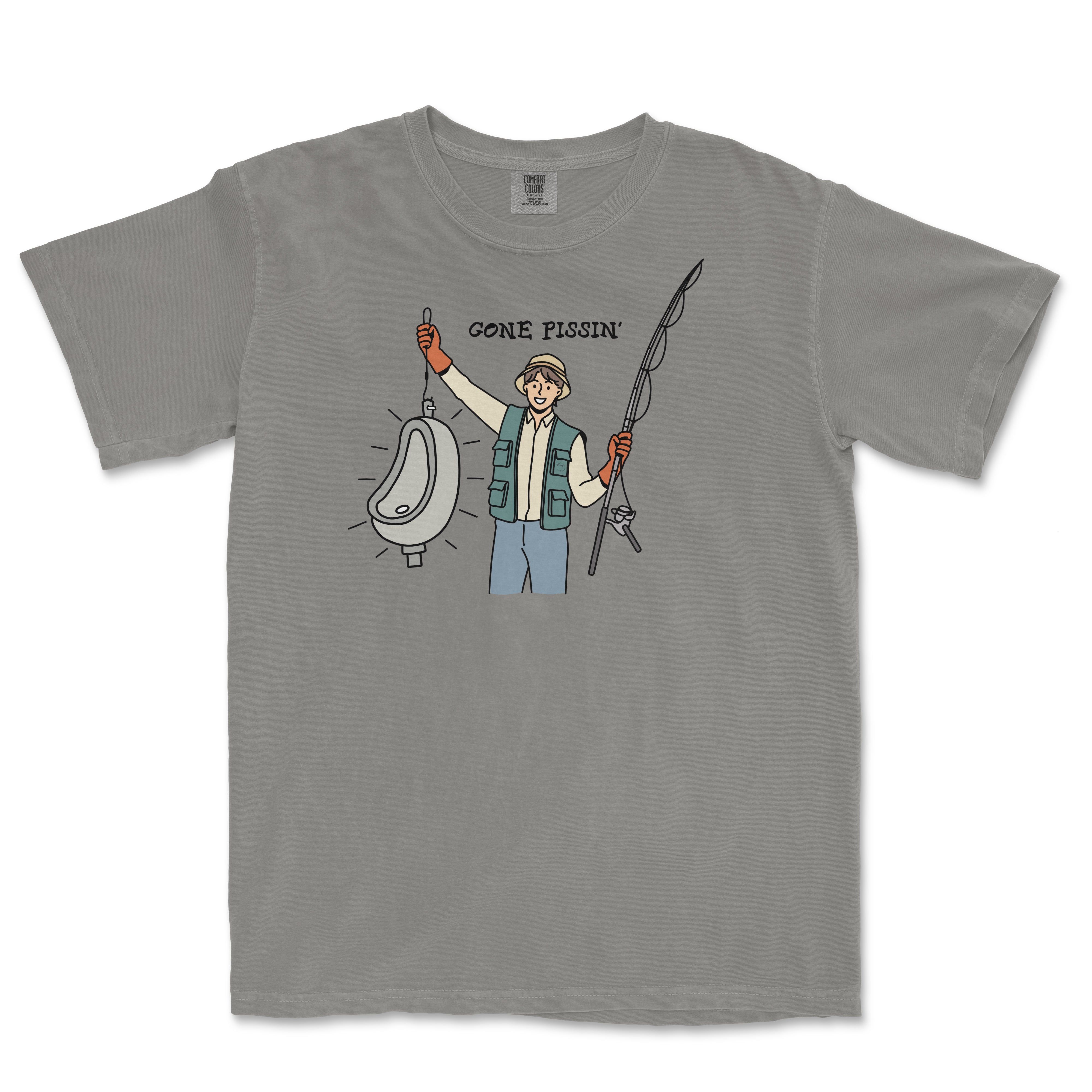 Gray T-shirt featuring a cartoon illustration of a person holding a fishing rod and a urinal, with the text "GONE PISSIN'" above.