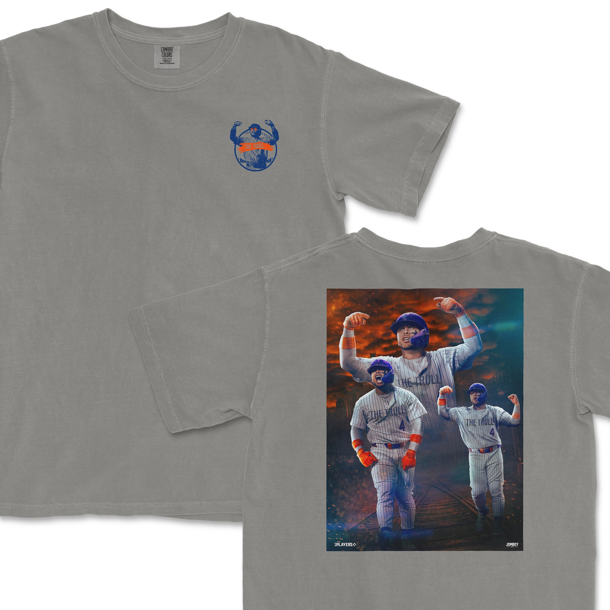 Gray T-shirt featuring a graphic of three baseball players in pinstripes, with "The Troll" text, set against a dramatic sunset background.