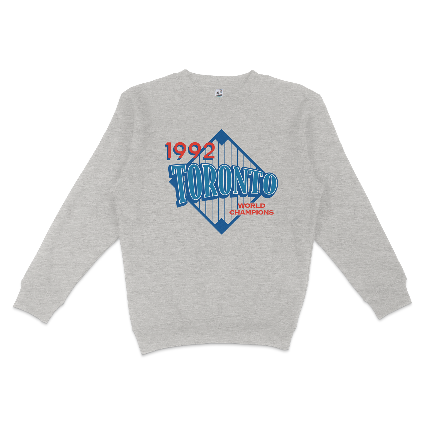 Gray crewneck sweatshirt featuring a vintage Toronto 1992 World Champions graphic with blue and red text and design elements.