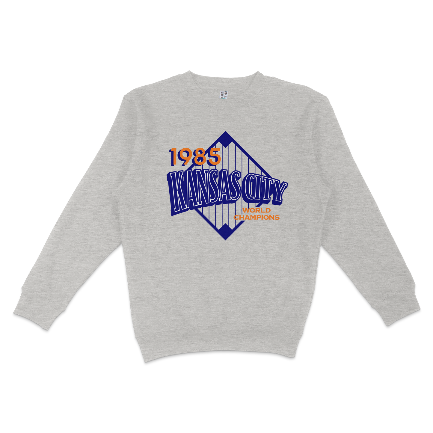 Gray crewneck sweatshirt featuring a Kansas City Royals graphic with "1985 World Champions" text and a stylized city skyline.