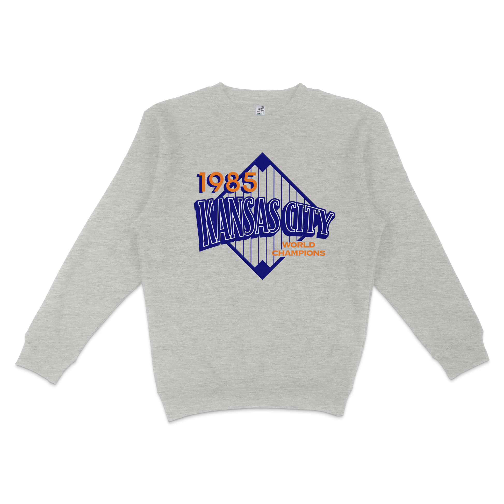 Gray crewneck sweatshirt featuring a Kansas City Royals graphic with "1985 World Champions" text and a stylized city skyline.