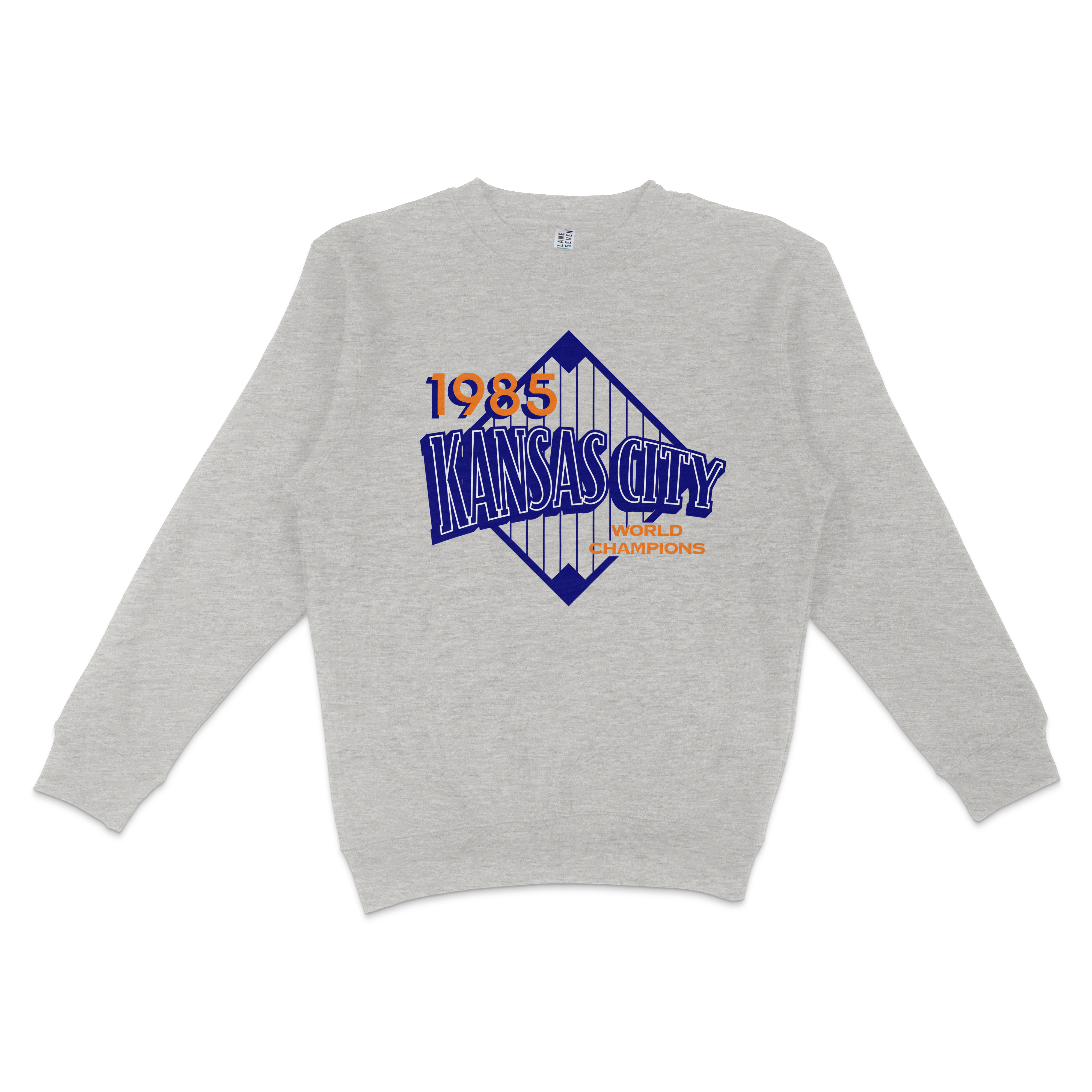 Gray crewneck sweatshirt featuring a Kansas City Royals graphic with "1985 World Champions" text and a stylized city skyline.
