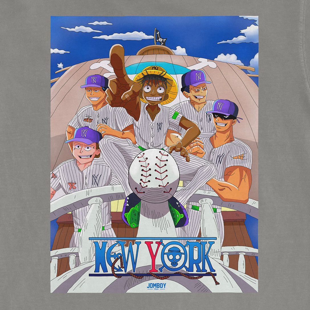 Colorful illustration of cartoon characters in baseball uniforms on a ship, with "New York" and "Jomboy" text at the bottom.