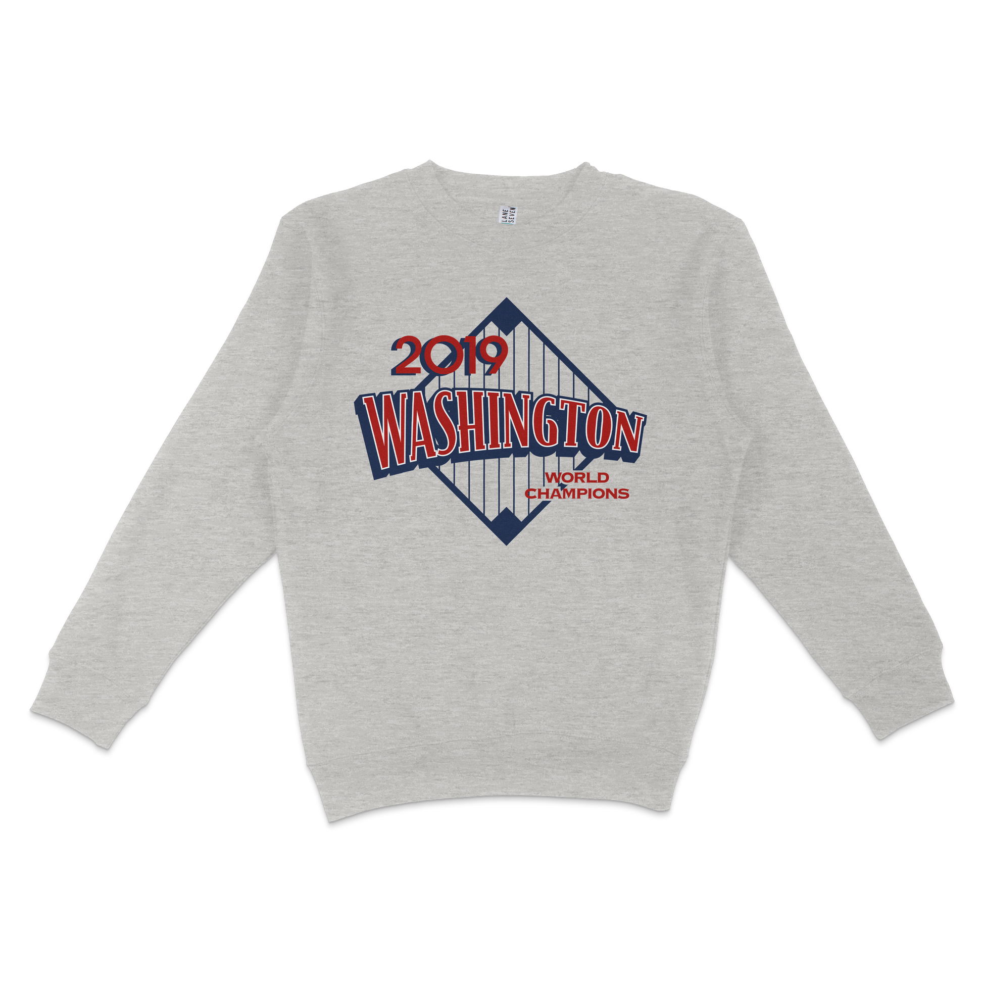 Gray crewneck sweatshirt featuring a 2019 Washington World Champions graphic with a bridge design and bold red and blue text.