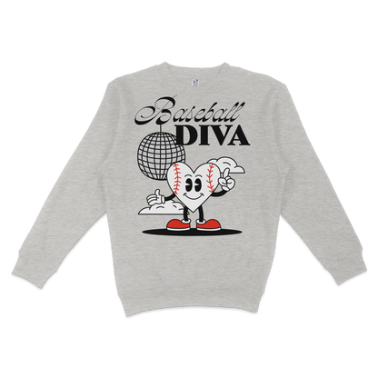 Gray crewneck sweatshirt featuring a cartoon heart with baseball stitches, wearing red shoes, with "Baseball Diva" text above.