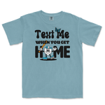 Light blue T-shirt with playful black text, a cartoon character holding a baseball bat, and a butterfly graphic.