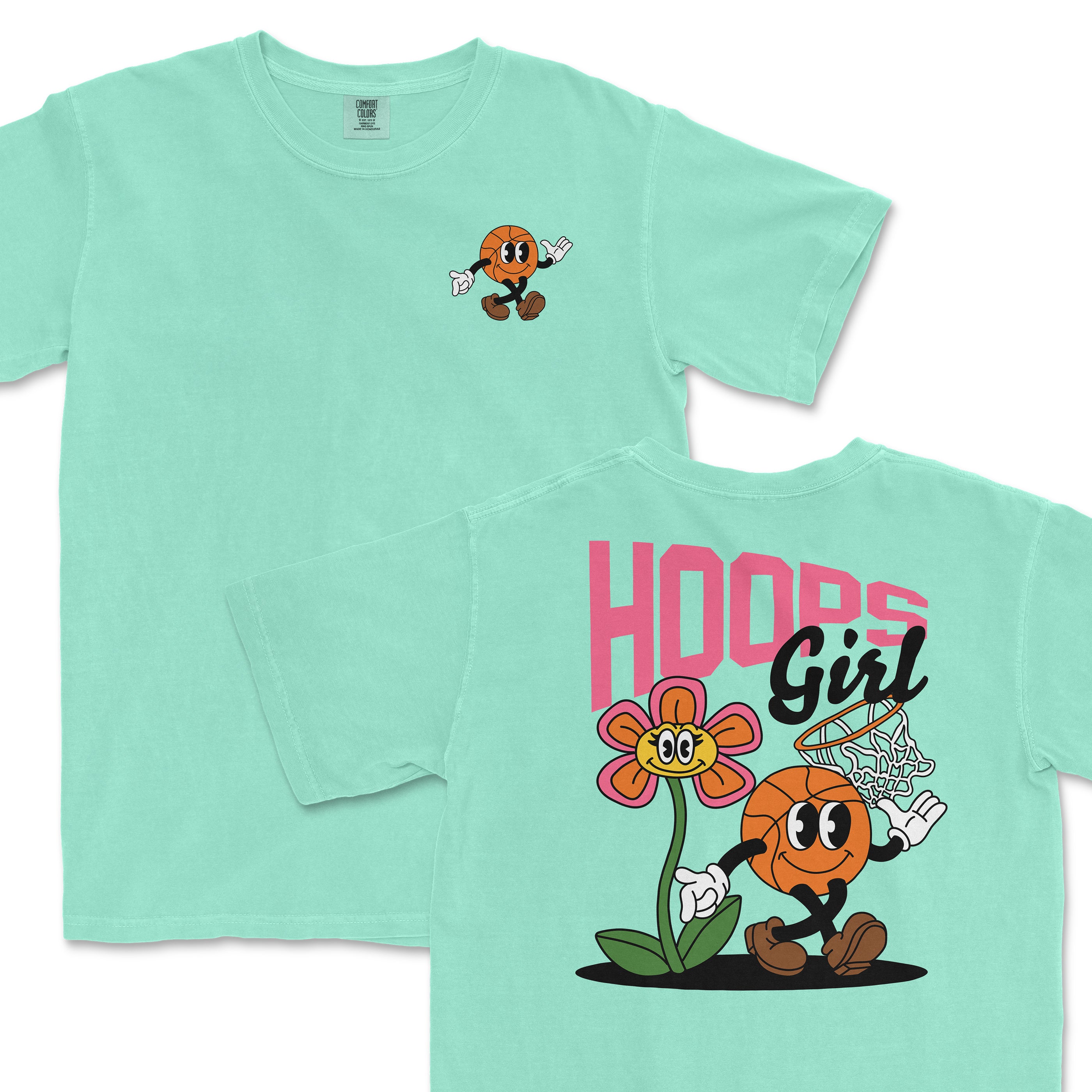 Mint green Comfort Colors tee featuring a cartoon basketball character with hoops, a flower, and the words "Hoops Girl" on the back.