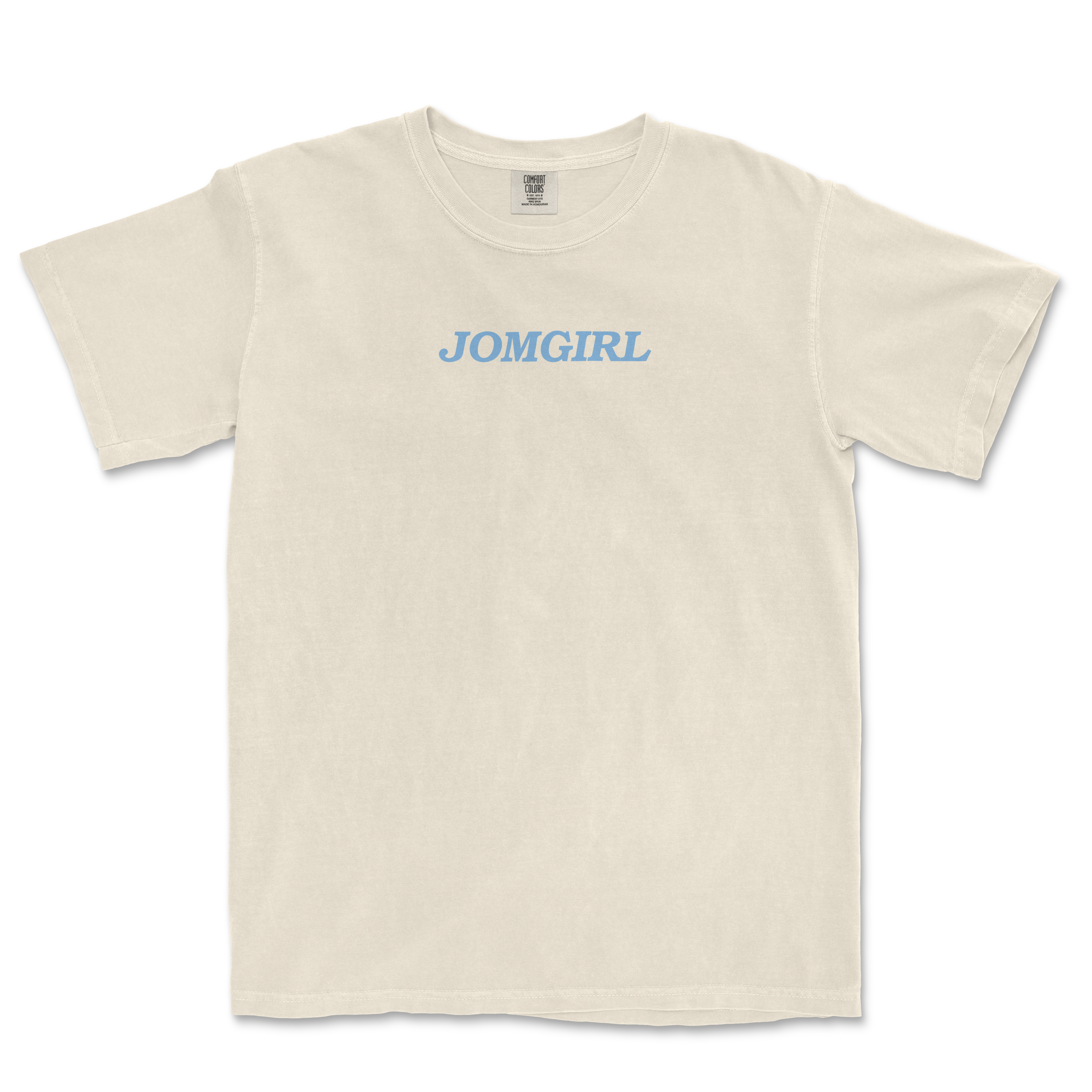 Cream-colored Jomgirl t-shirt featuring bold blue text, perfect for casual sports fans and stylish everyday wear.