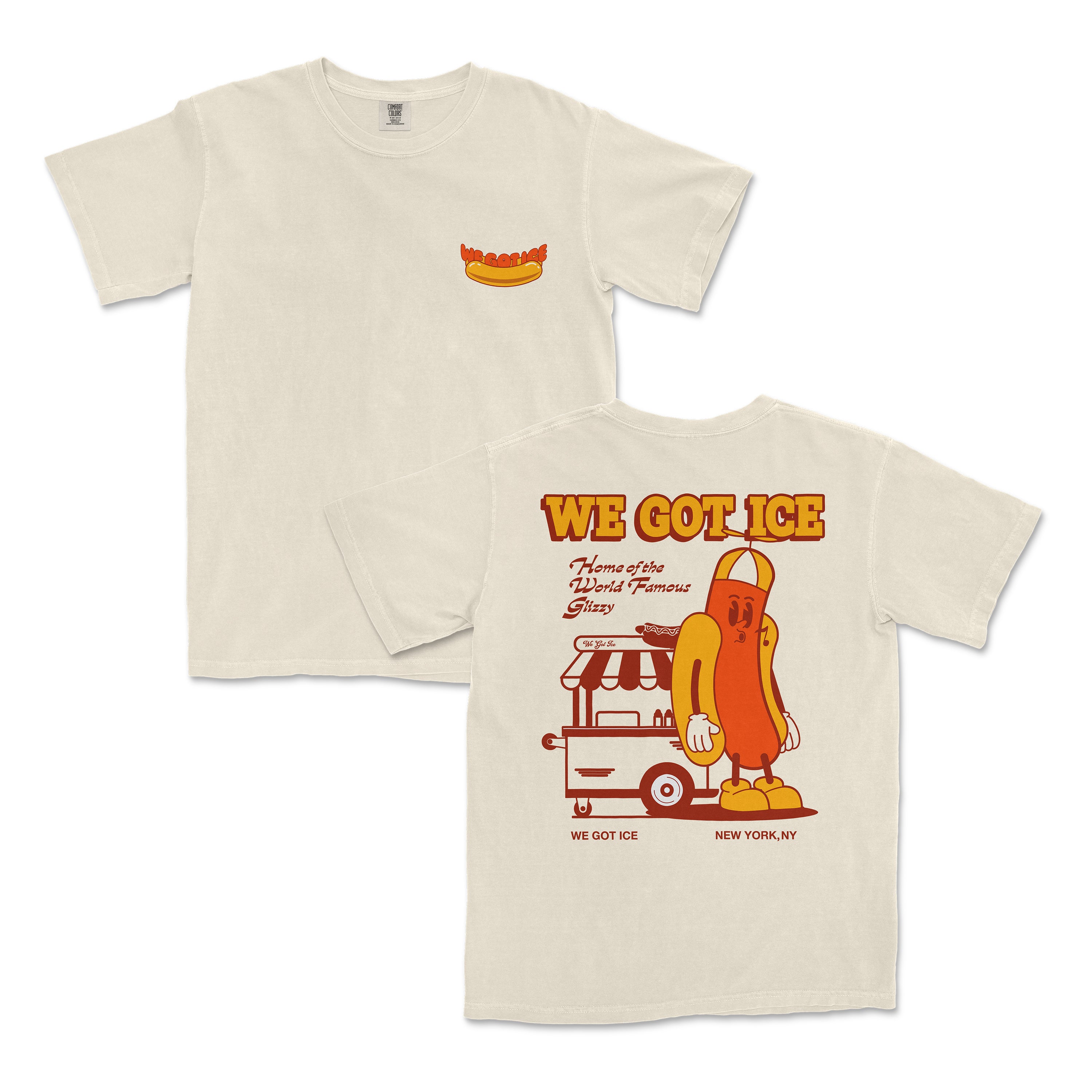 Cream-colored Comfort Colors T-shirt featuring a hot dog character with sunglasses, "We Got Ice" text, and a food cart graphic on the back.