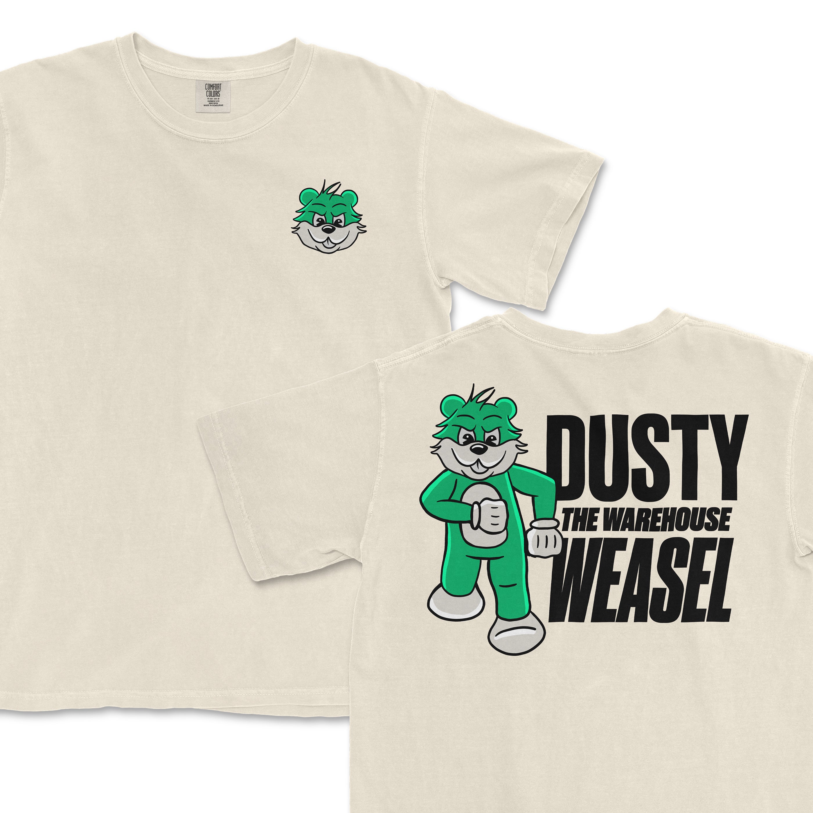 Beige Comfort Colors T-shirt featuring Dusty the Warehouse Weasel mascot with a green jumpsuit and bold black text on the back.