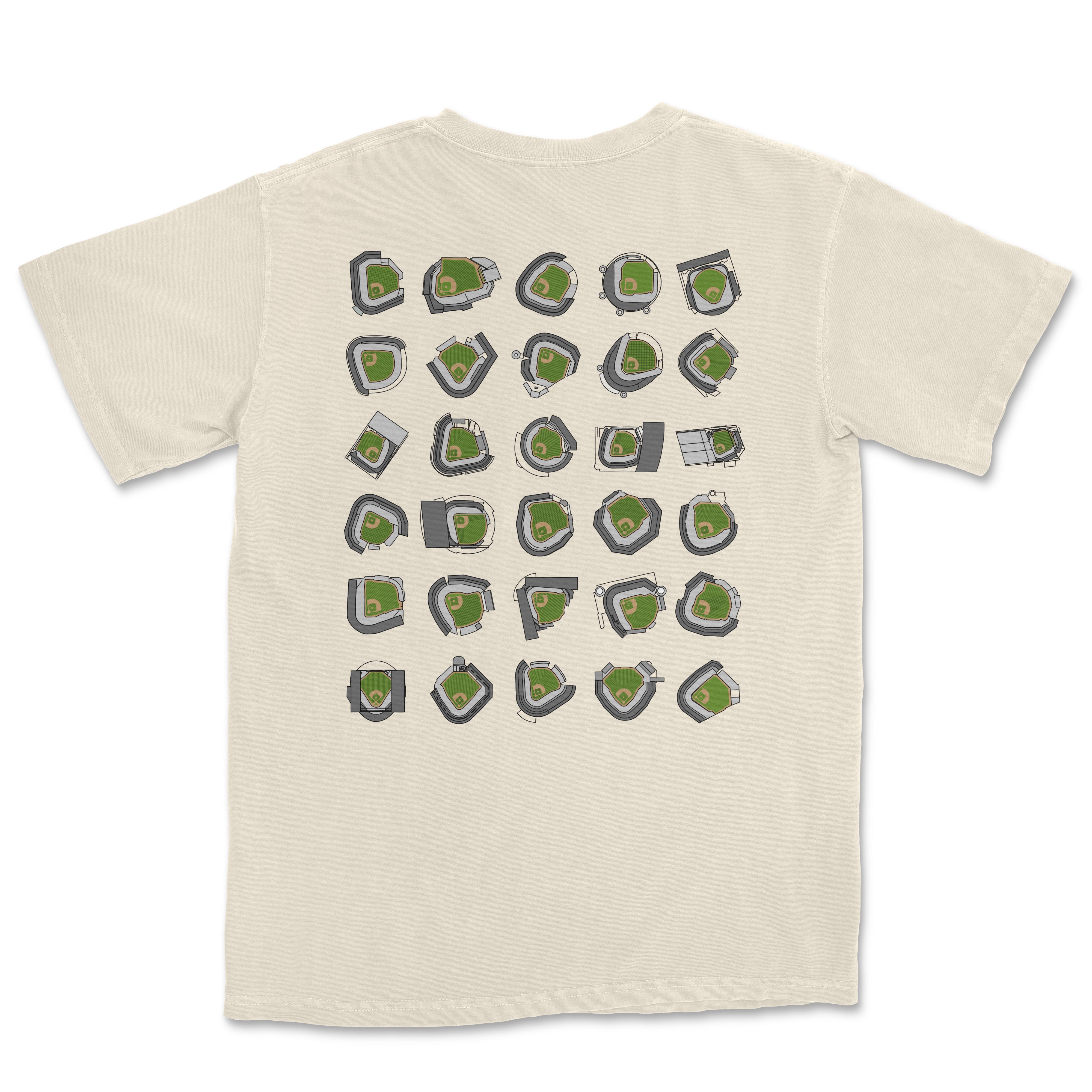 Back of beige T-shirt featuring a grid of various stylized baseball stadium illustrations, inspired by "Take Me Out To The Ball Game.