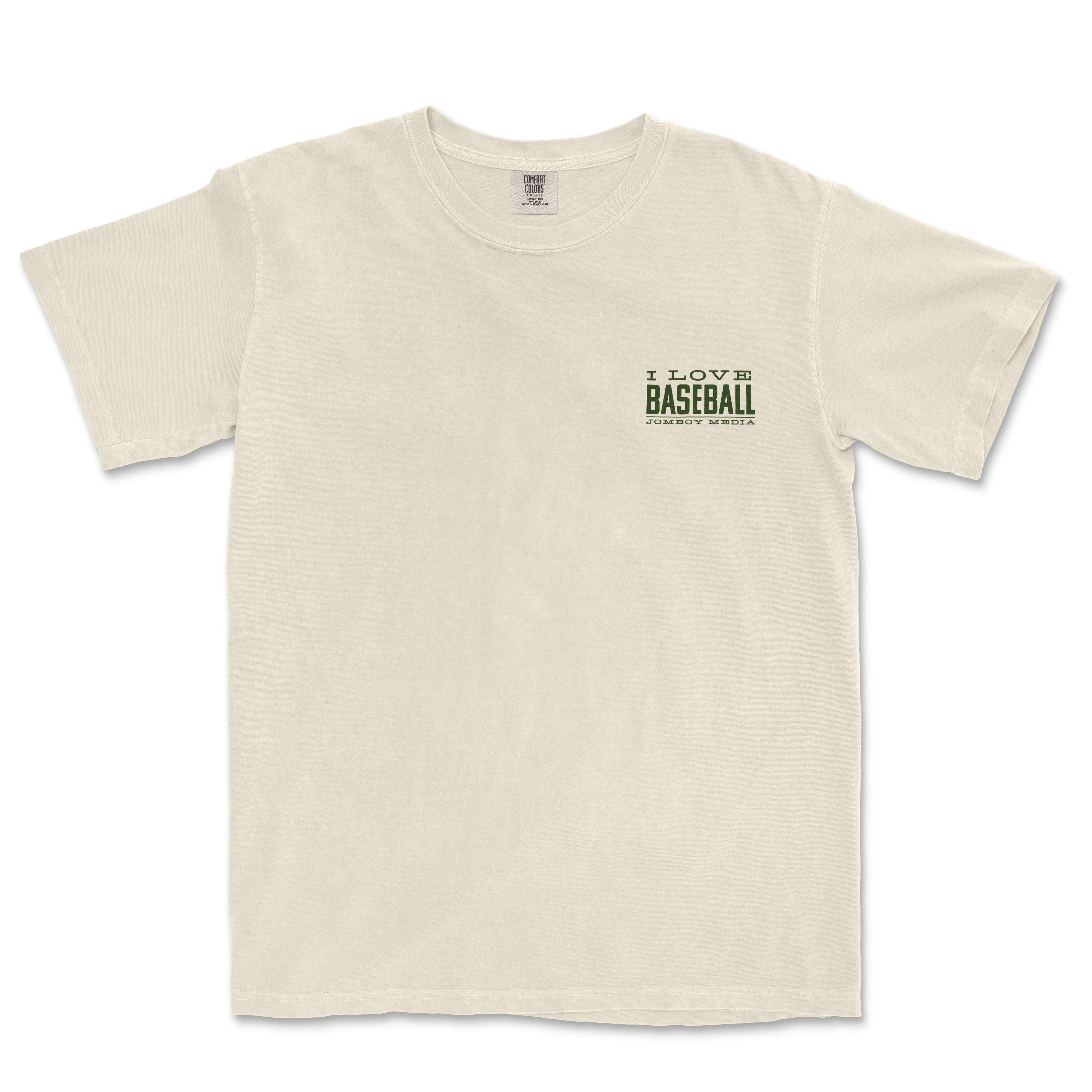 Beige T-shirt with green text that reads "I LOVE BASEBALL" and "JOMBOY MEDIA" underneath, featuring a small logo on the chest.