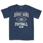 Navy blue t-shirt featuring "Hello and Welcome Back" and "Jomboy Media Football" with a football graphic, size XXL.