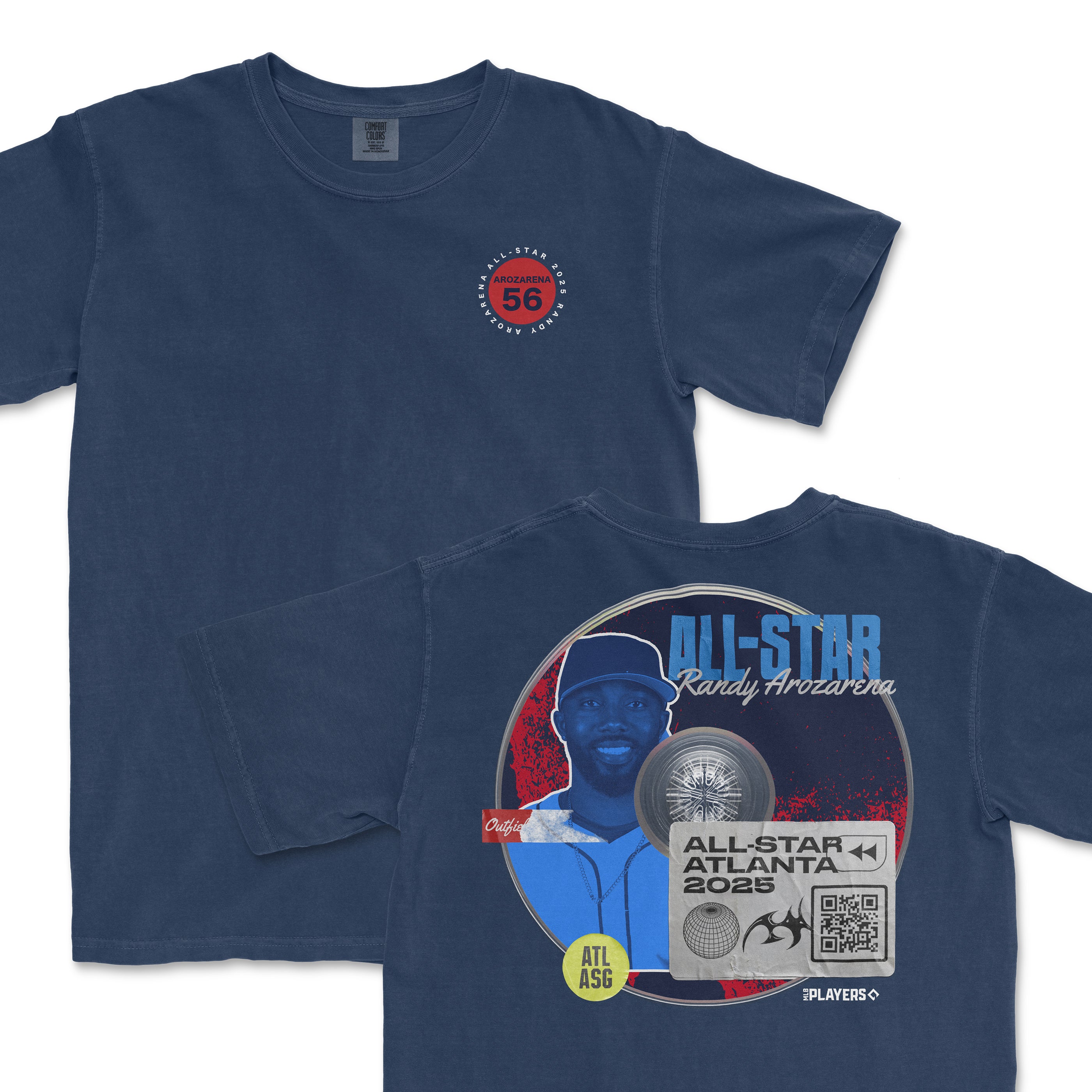 Navy t-shirt featuring Randy Arozarena's All-Star 2025 graphic, showcasing his name and event details on the back.