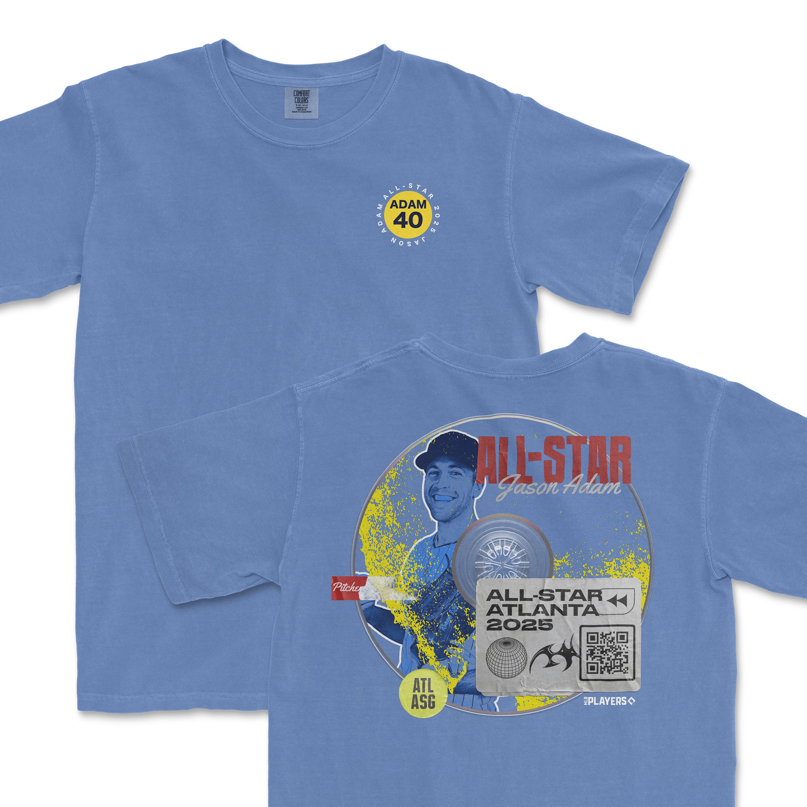 Light blue t-shirt featuring Jason Adam's All-Star 2025 design with vibrant graphics and a QR code on the back.