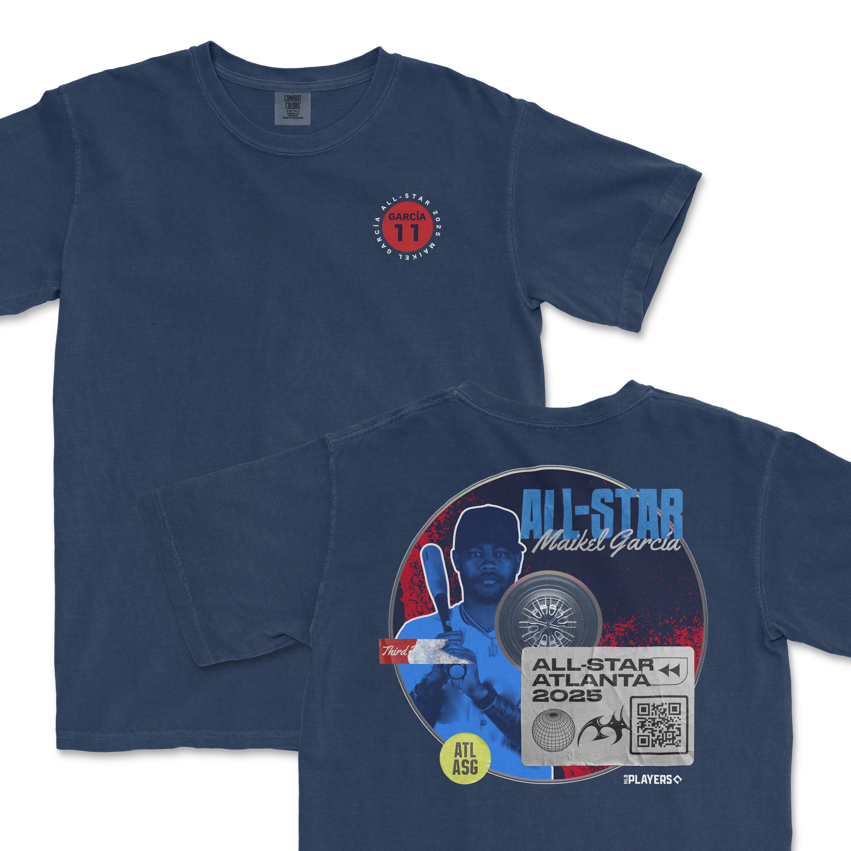 Navy t-shirt featuring Maikel García's All-Star 2025 design with graphics on the front and back celebrating the event.