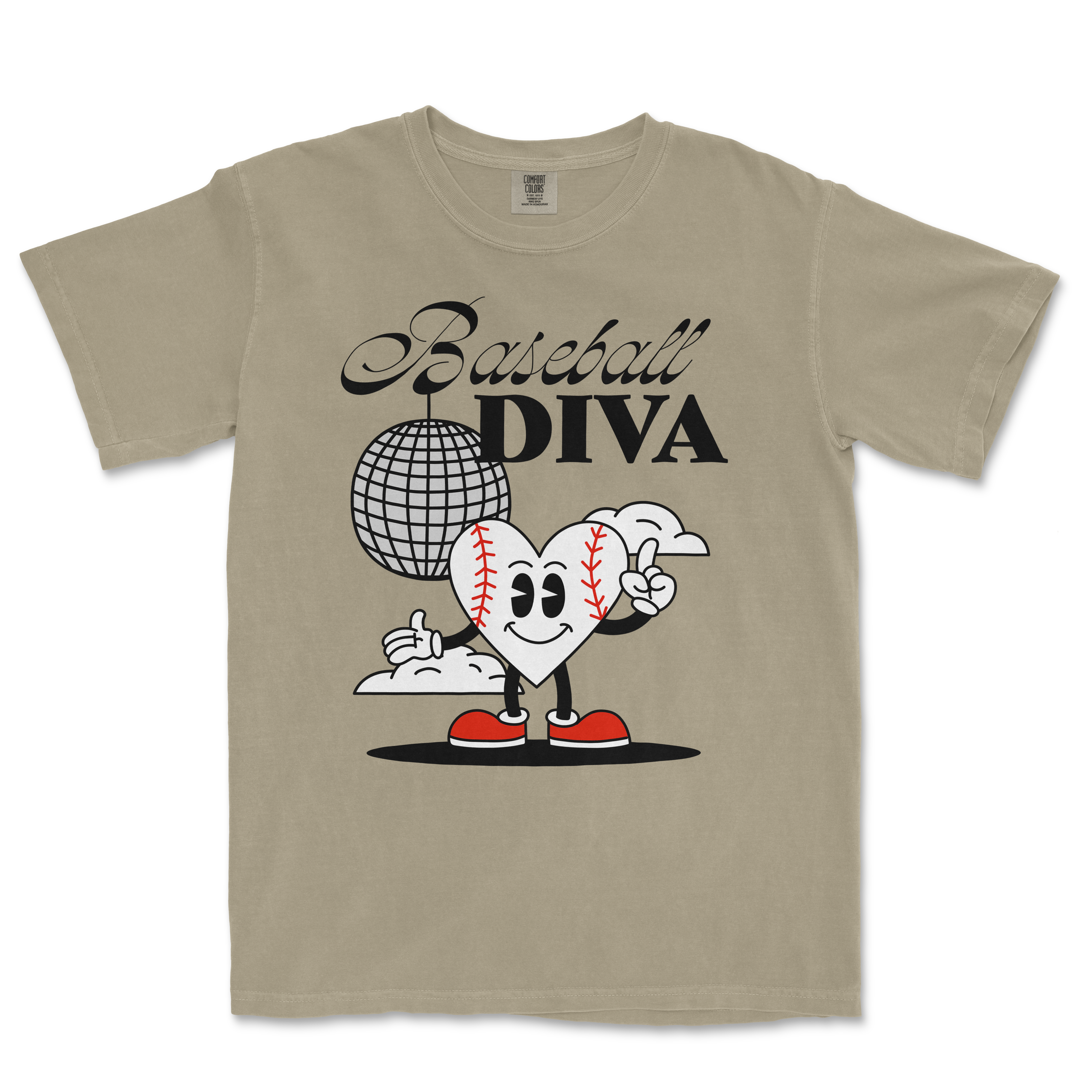 Beige Comfort Colors tee featuring a cartoon heart with baseball stitches, red shoes, and a finger gun, with "Baseball Diva" text.