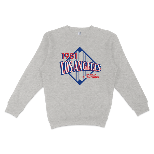 Gray crewneck sweatshirt featuring a vintage Los Angeles design with "1981" and "World Champions" text, and a graphic of a bridge.