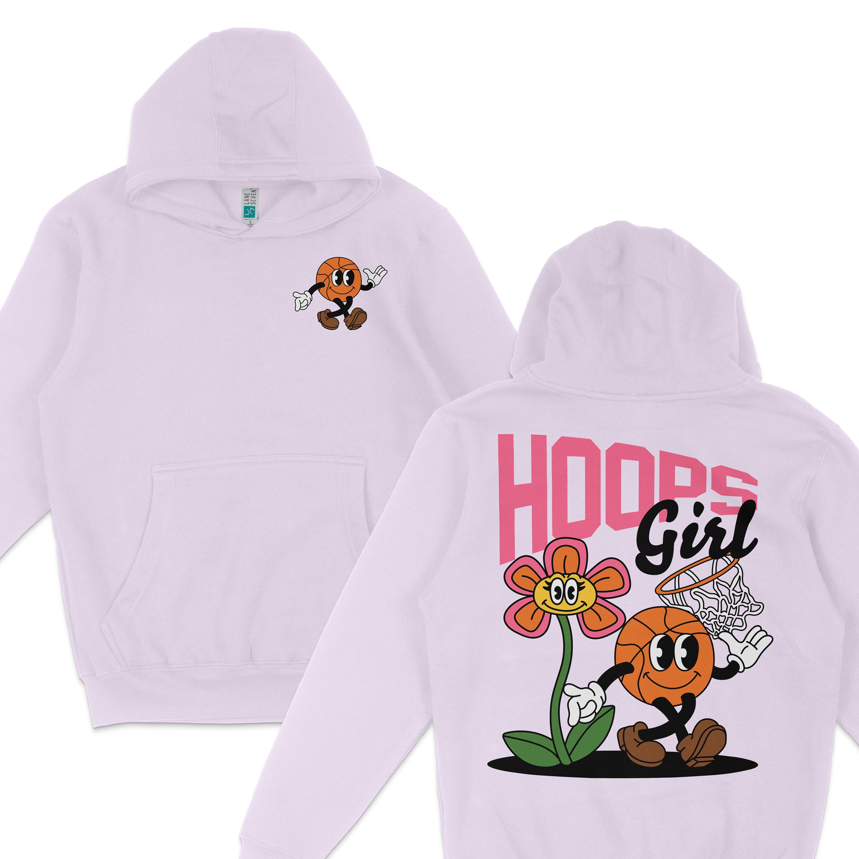 White hoodie featuring a basketball character with hoops, and colorful floral and basketball graphics on the back.