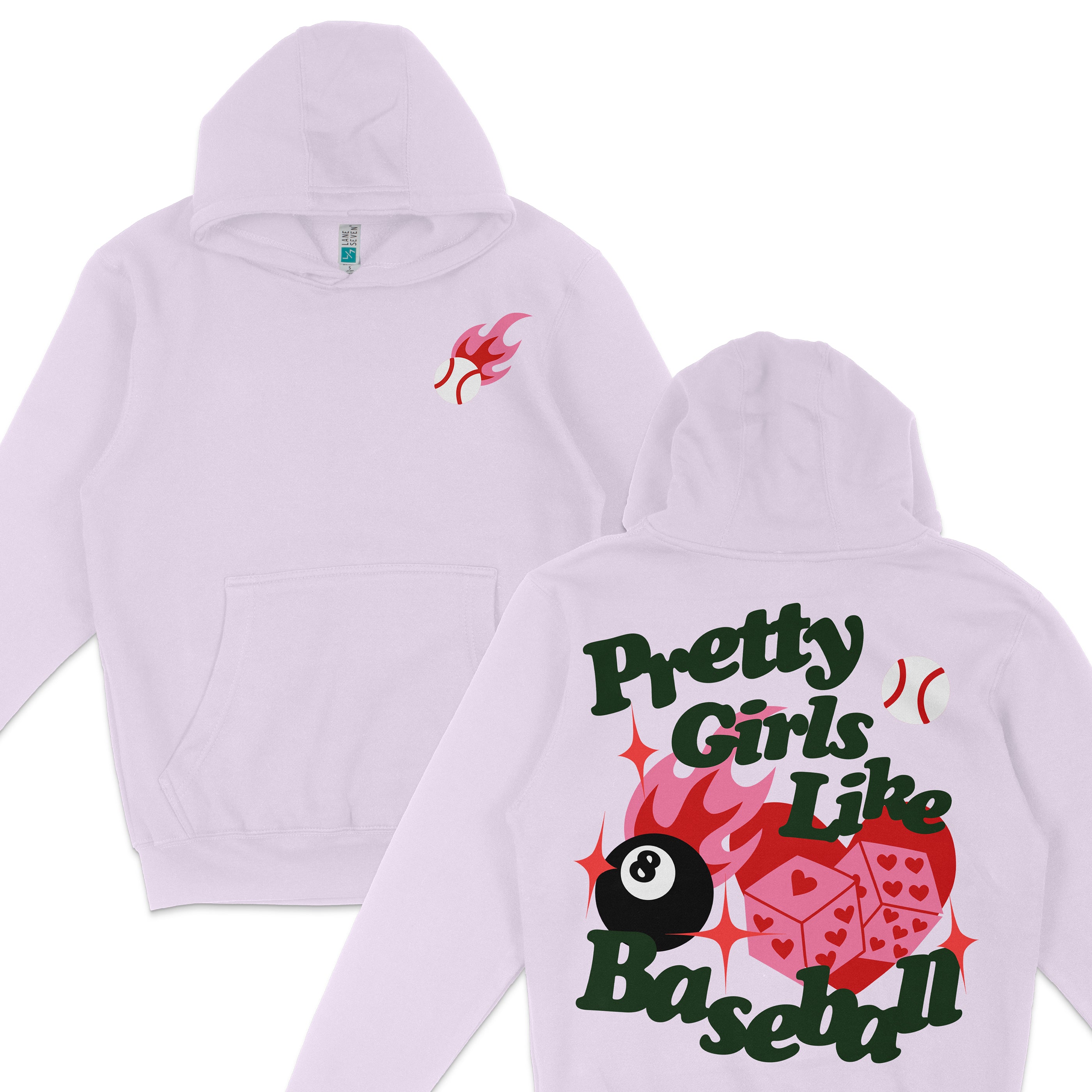 White hoodie featuring a flaming baseball graphic on the front and bold text reading "Pretty Girls Like Baseball" with a black 8-ball and dice design on the back.