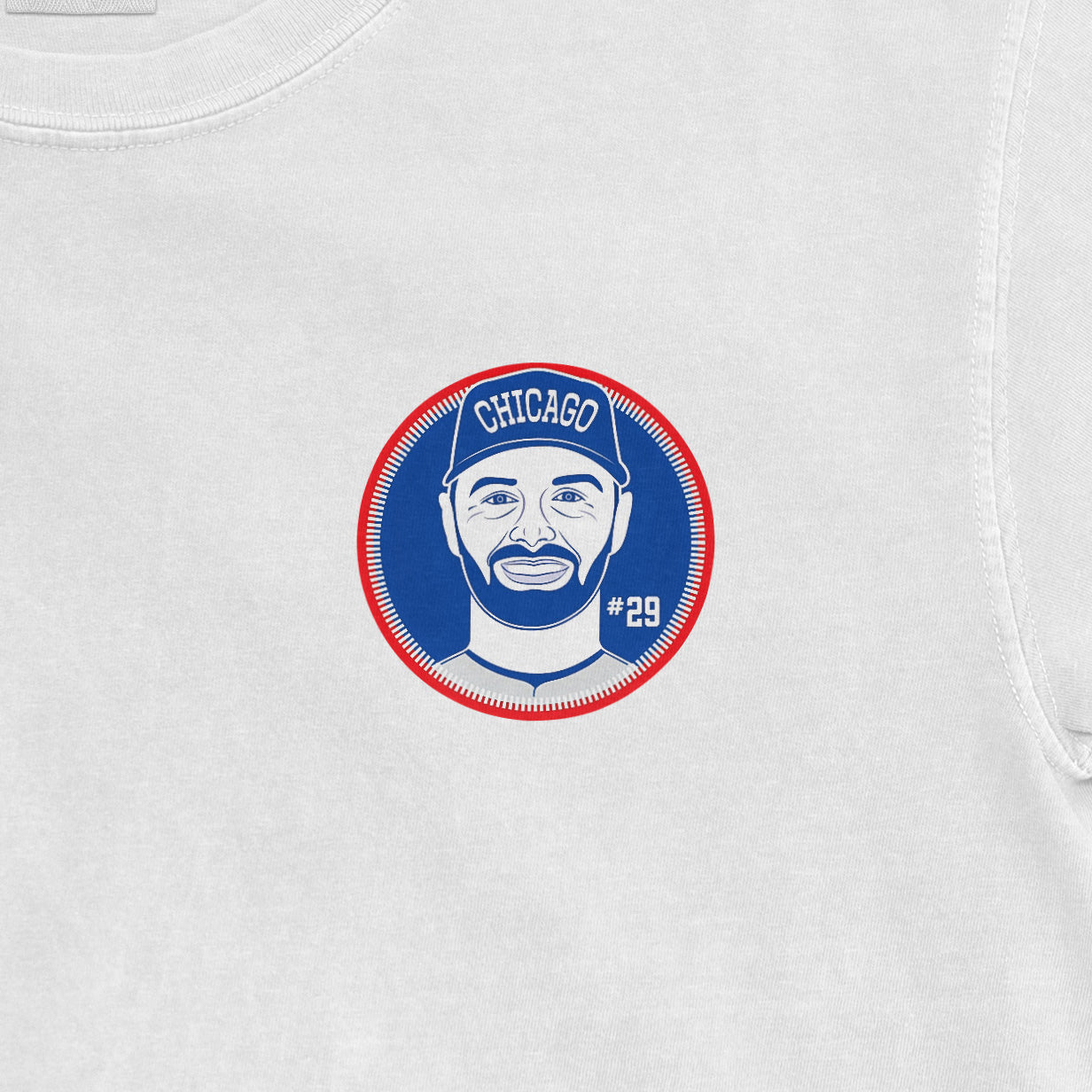 White Comfort Colors tee featuring a circular graphic of a man with a beard, cap labeled "CHICAGO," and the number "#29.