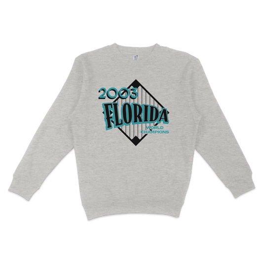 Gray crewneck sweatshirt featuring a vintage Florida 2003 World Champions graphic design with bold text and geometric elements.