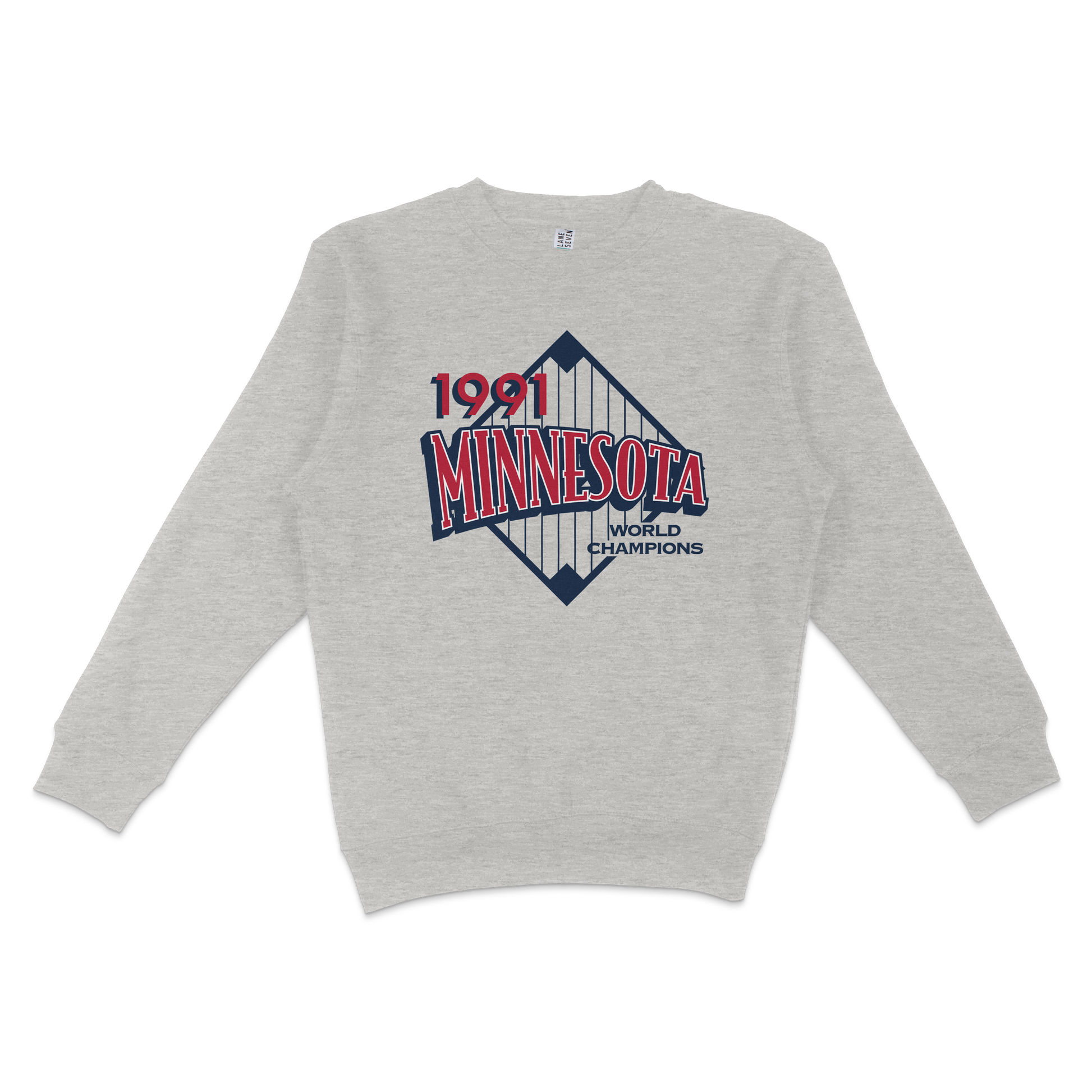 Gray crewneck sweatshirt featuring a Minnesota Vikings 1991 World Champions logo with a stylized bridge graphic.