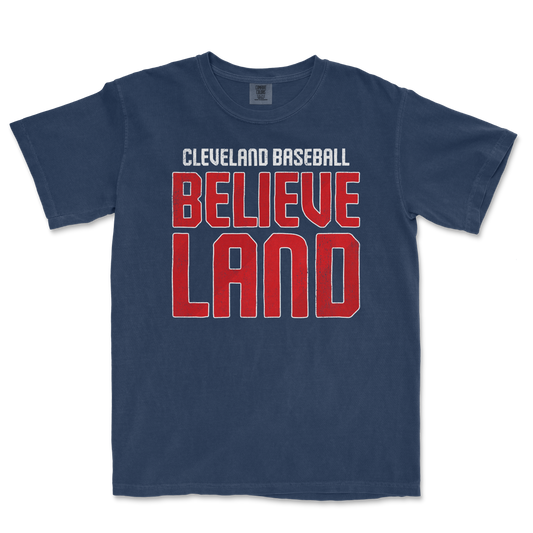 Cleveland Baseball Believe Land t-shirt featuring bold red and white lettering on a navy background.