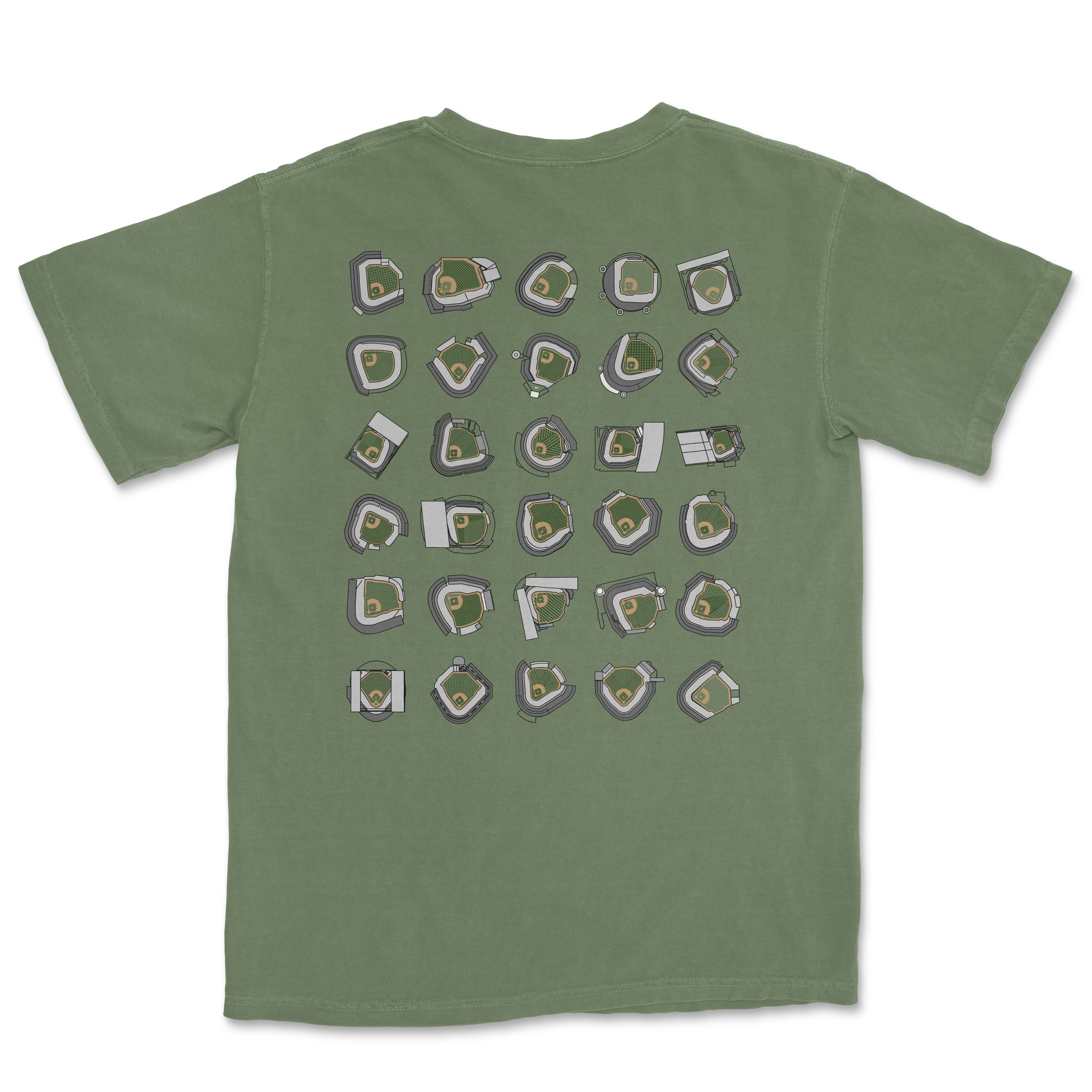 Green T-shirt featuring a pattern of various stylized baseball stadiums and fields, inspired by "Take Me Out To The Ball Game.