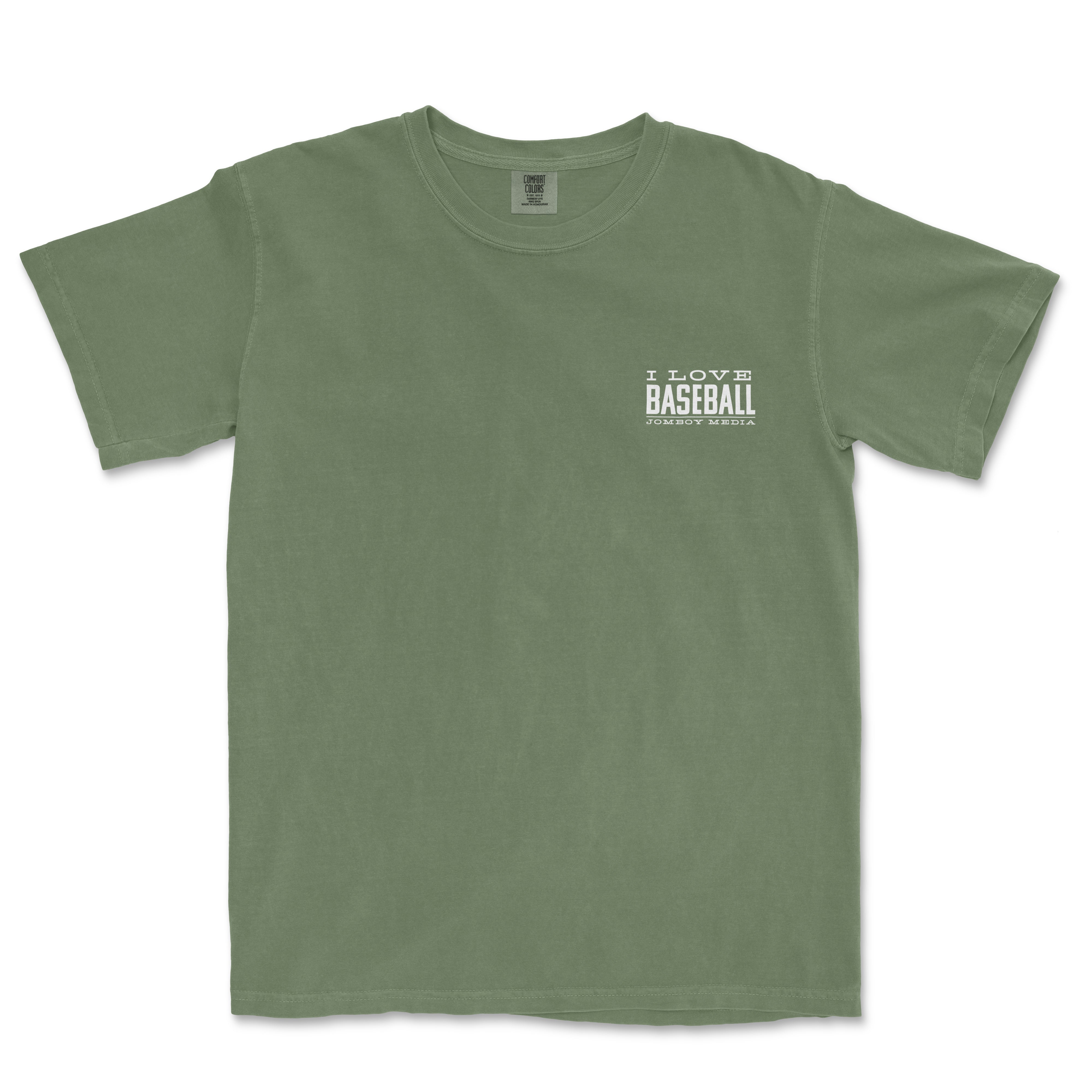 Green T-shirt with white text that reads "I LOVE BASEBALL" and "JOMBOY MEDIA" underneath, featuring a casual, sporty design.