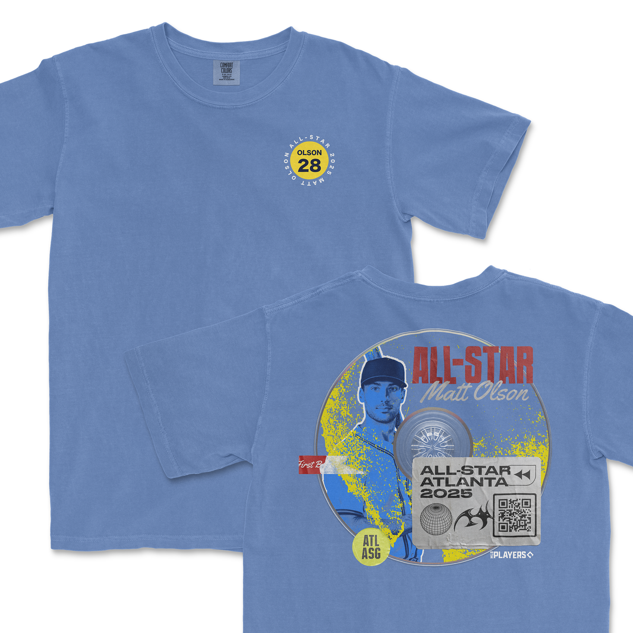 Matt Olson 2025 All-Star t-shirt featuring a blue design with player graphics and event details on the back.
