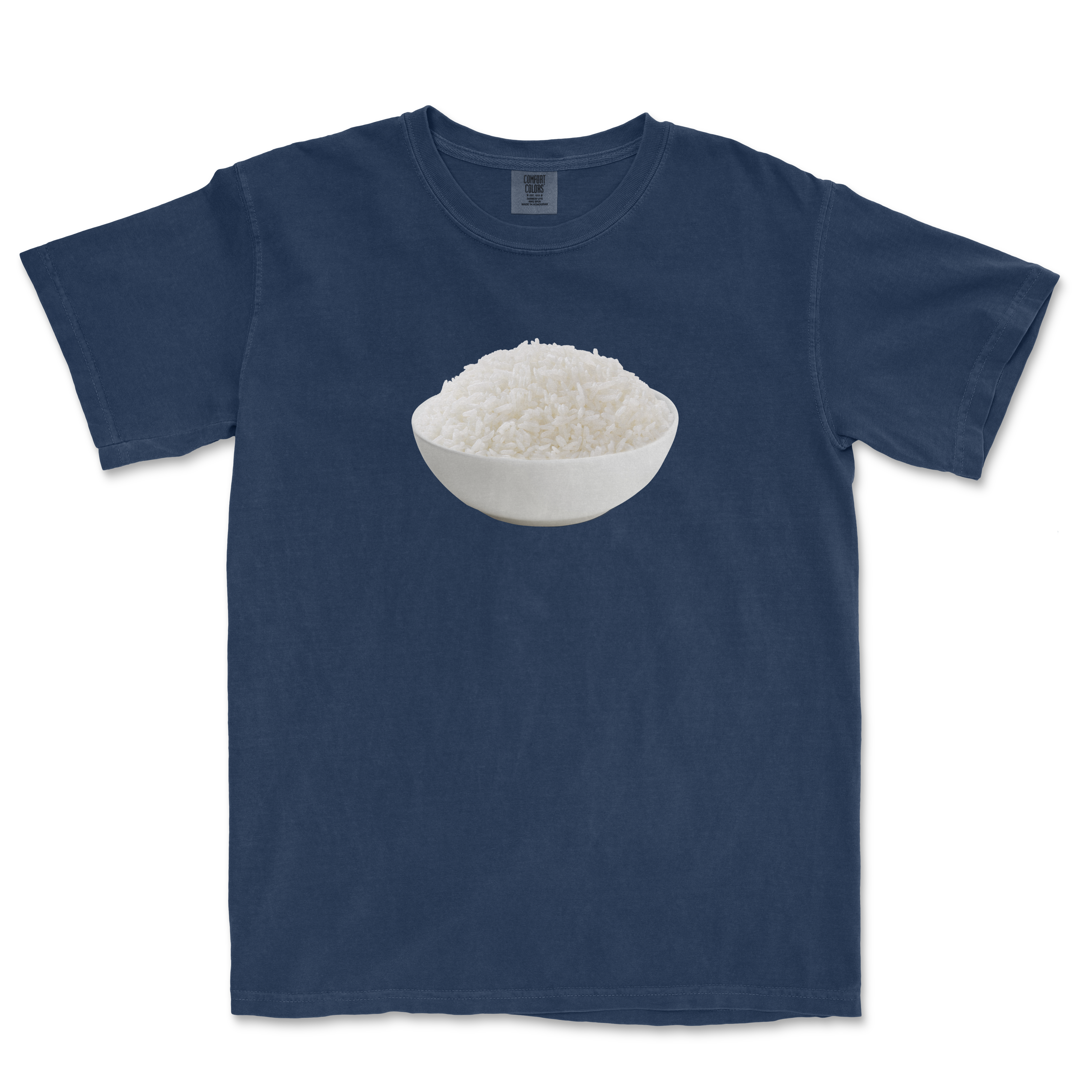 Blue T-shirt featuring a graphic of a white bowl filled with cooked white rice in the center.
