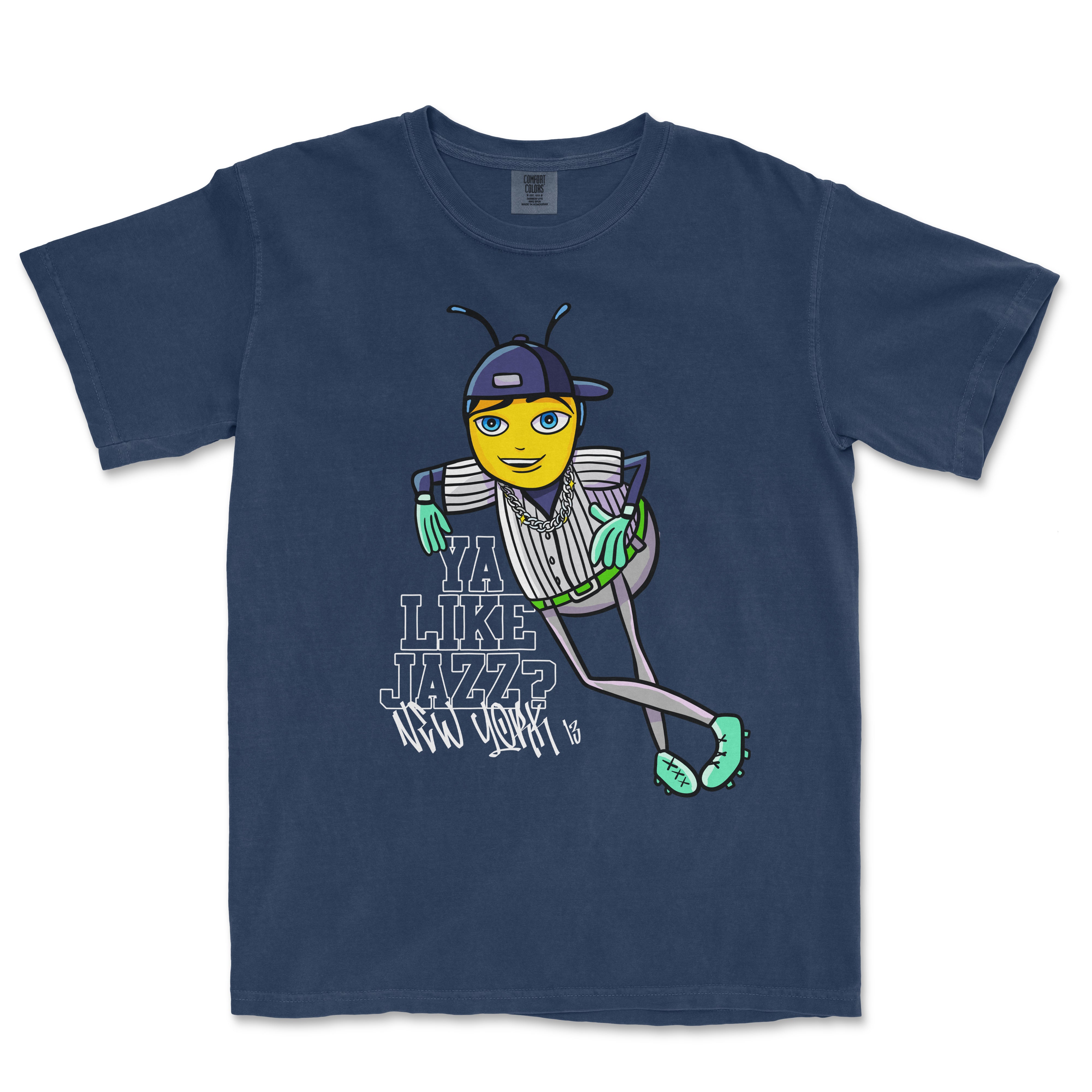 A navy blue T-shirt featuring a cartoon bee dressed in hip-hop style with a cap, chains, and sneakers, alongside the text "YA LIKE JAZZ? NEW YORK '13".