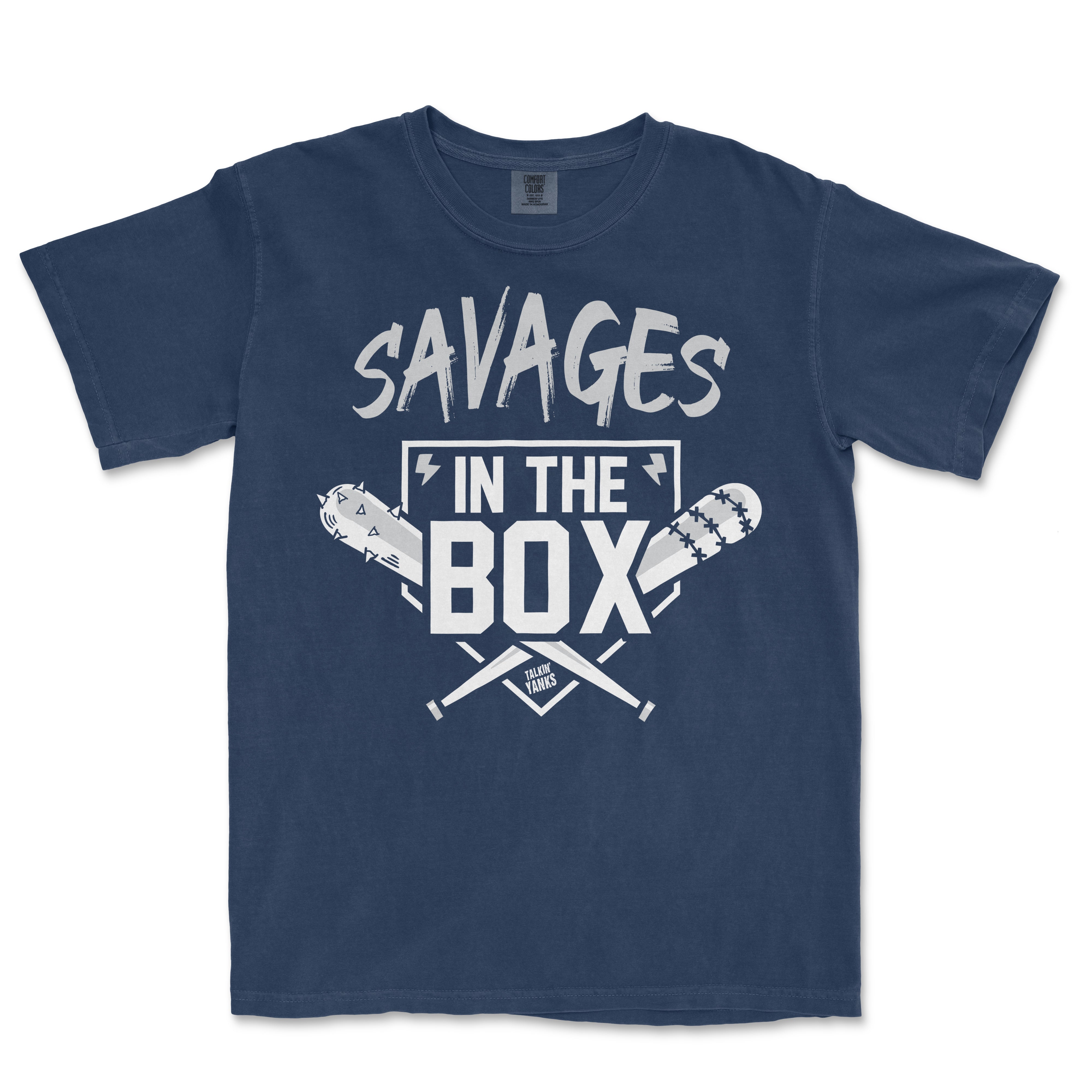 Blue T-shirt with "Savages in the Box" text, featuring cartoon-style baseball bats and a small "Talking Yankees" logo.