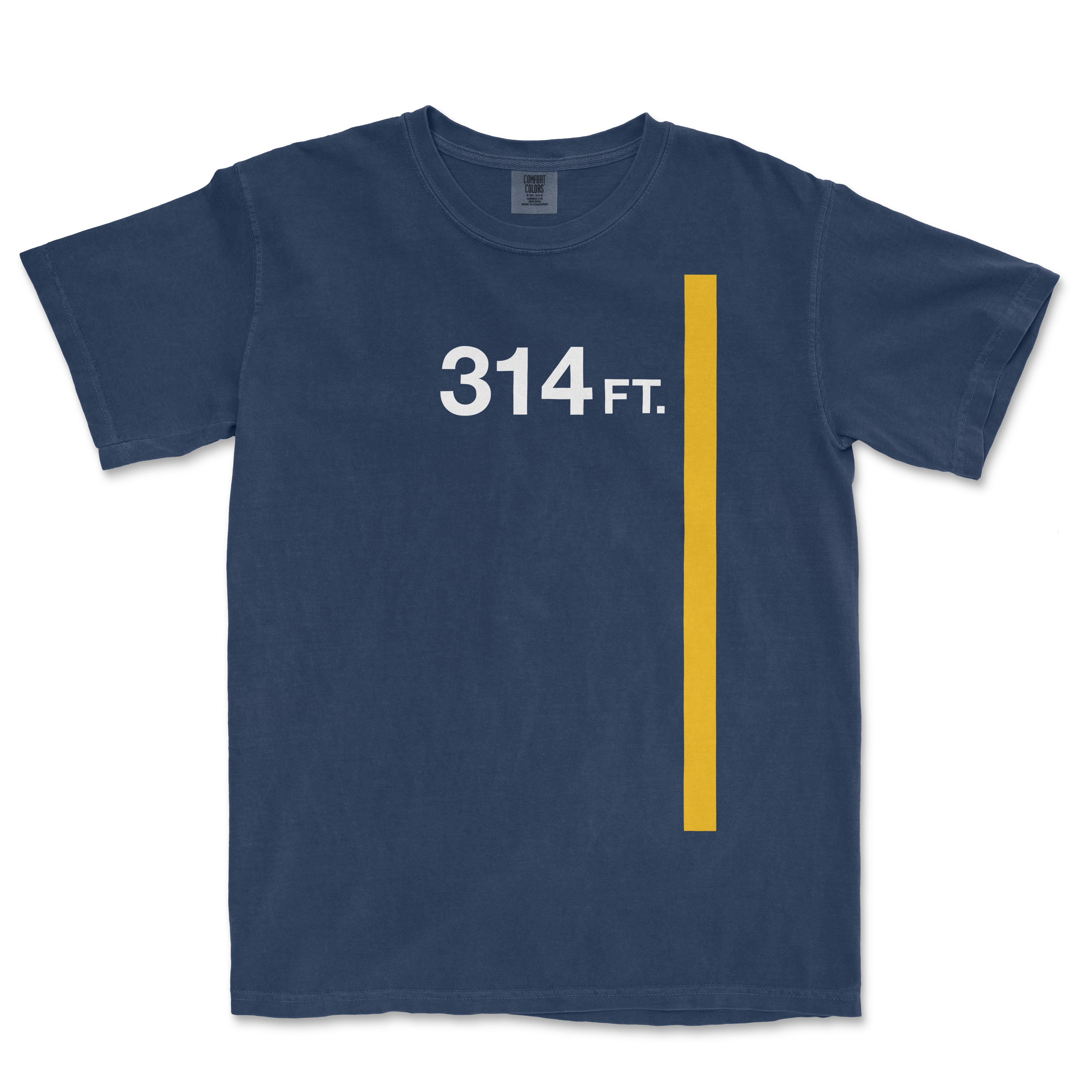 A navy blue T-shirt displaying "314 FT." in white text with a vertical yellow line, representing the length of a short porch.