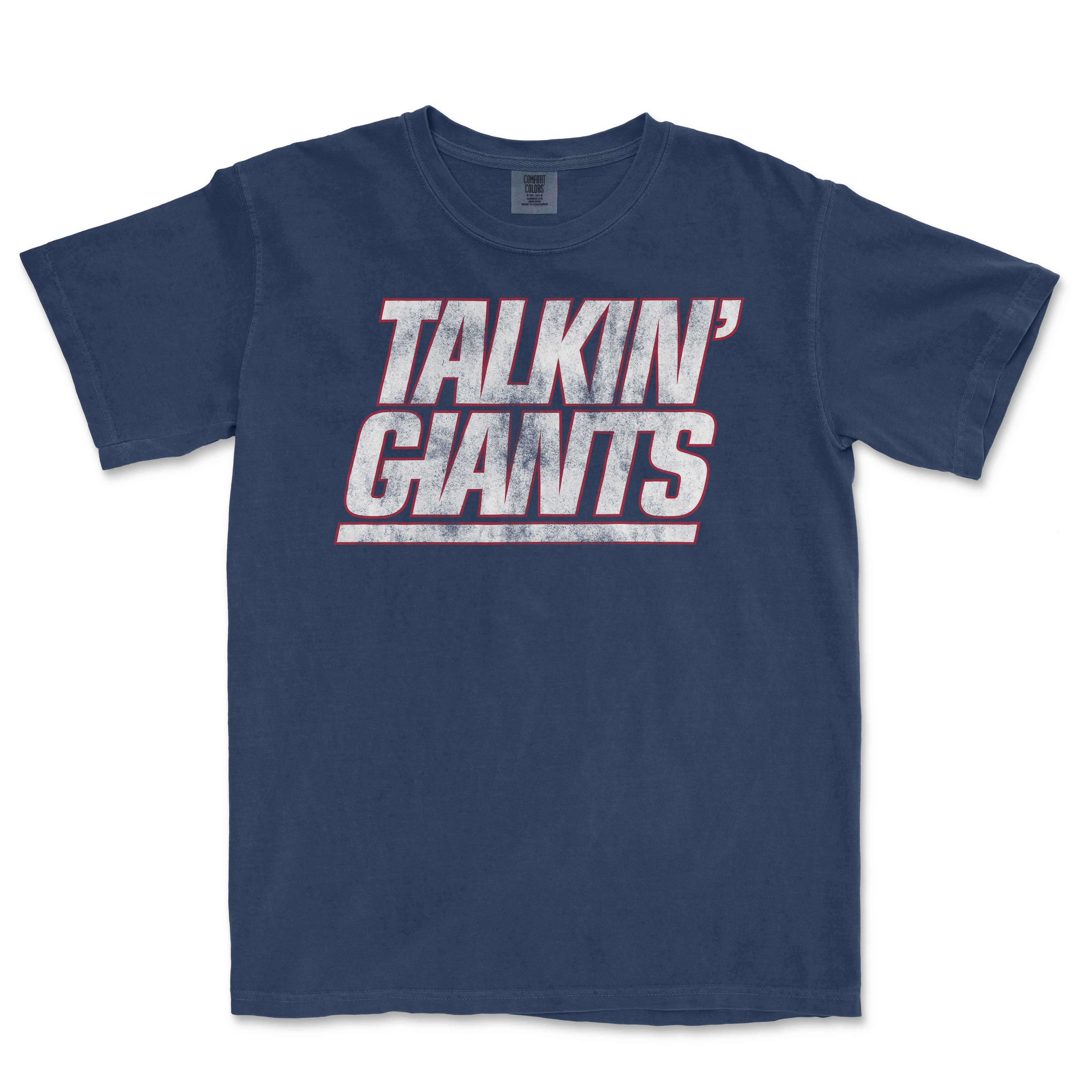 A navy blue T-shirt featuring bold, distressed white and red text that reads "Talkin' Giants" across the front.