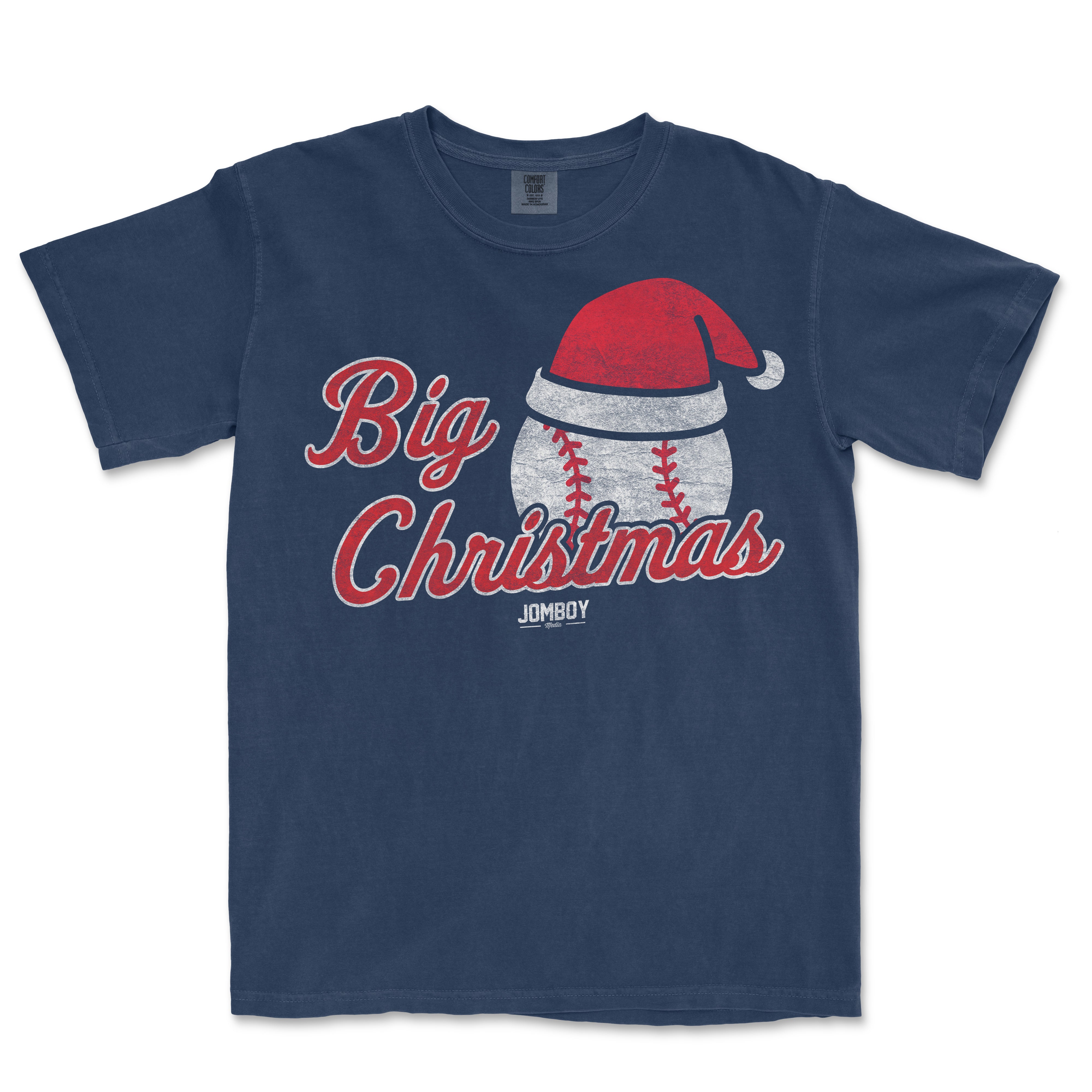 Comfort Colors navy T-shirt featuring a baseball with a Santa hat and the text "Big Christmas" in red, festive design.