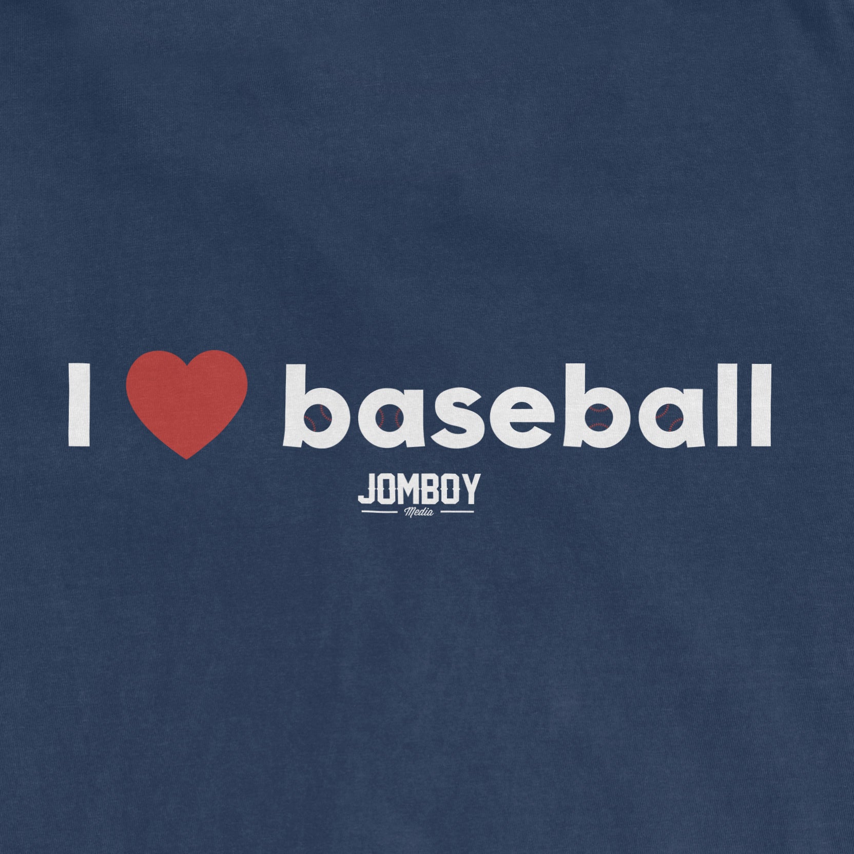 Blue vintage T-shirt with white text and a red heart that says "I ❤️ baseball" and "JOMBOY Media" underneath.