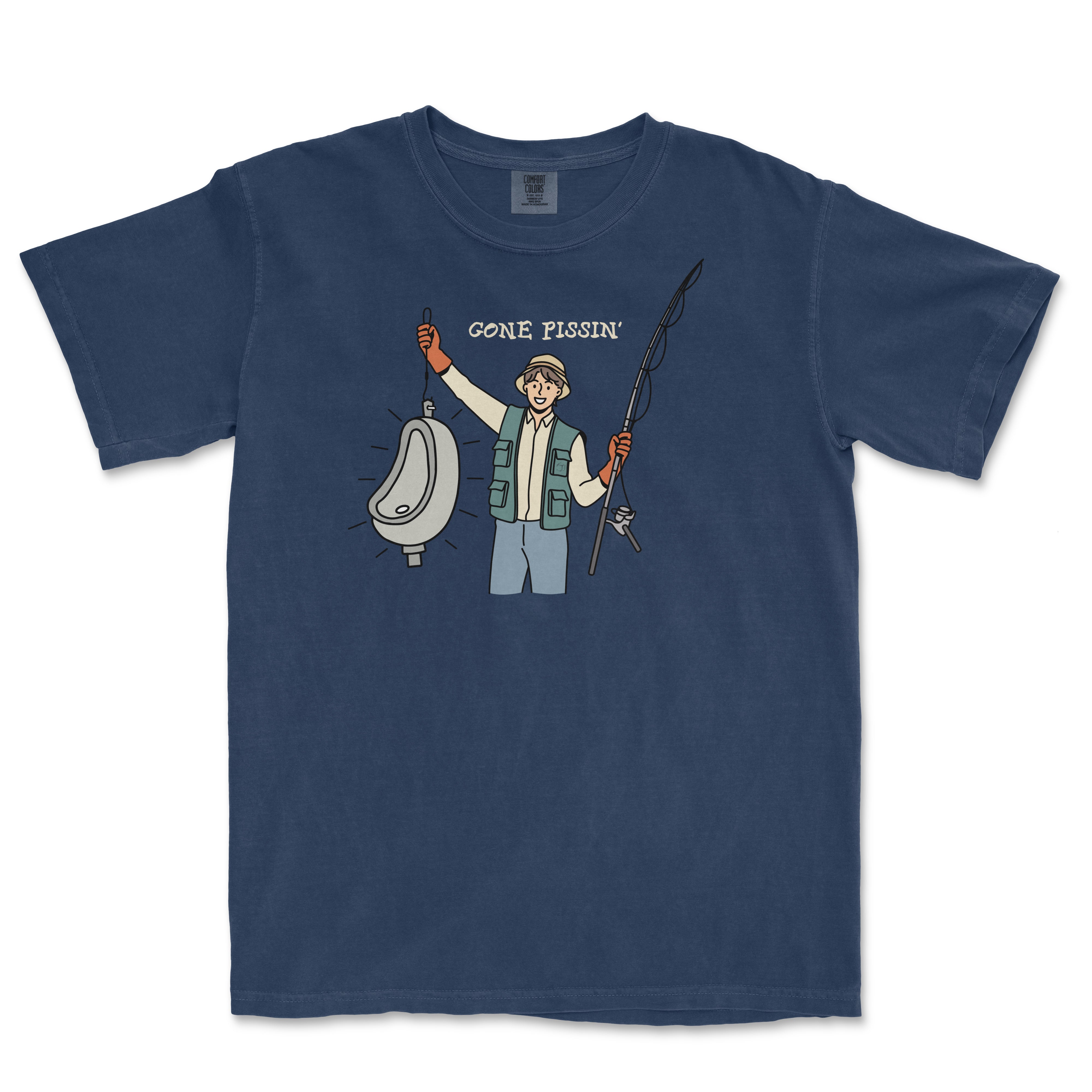 A navy T-shirt featuring a cartoon person holding a fishing rod and a portable toilet, with the text "GONE PISSIN'" above.