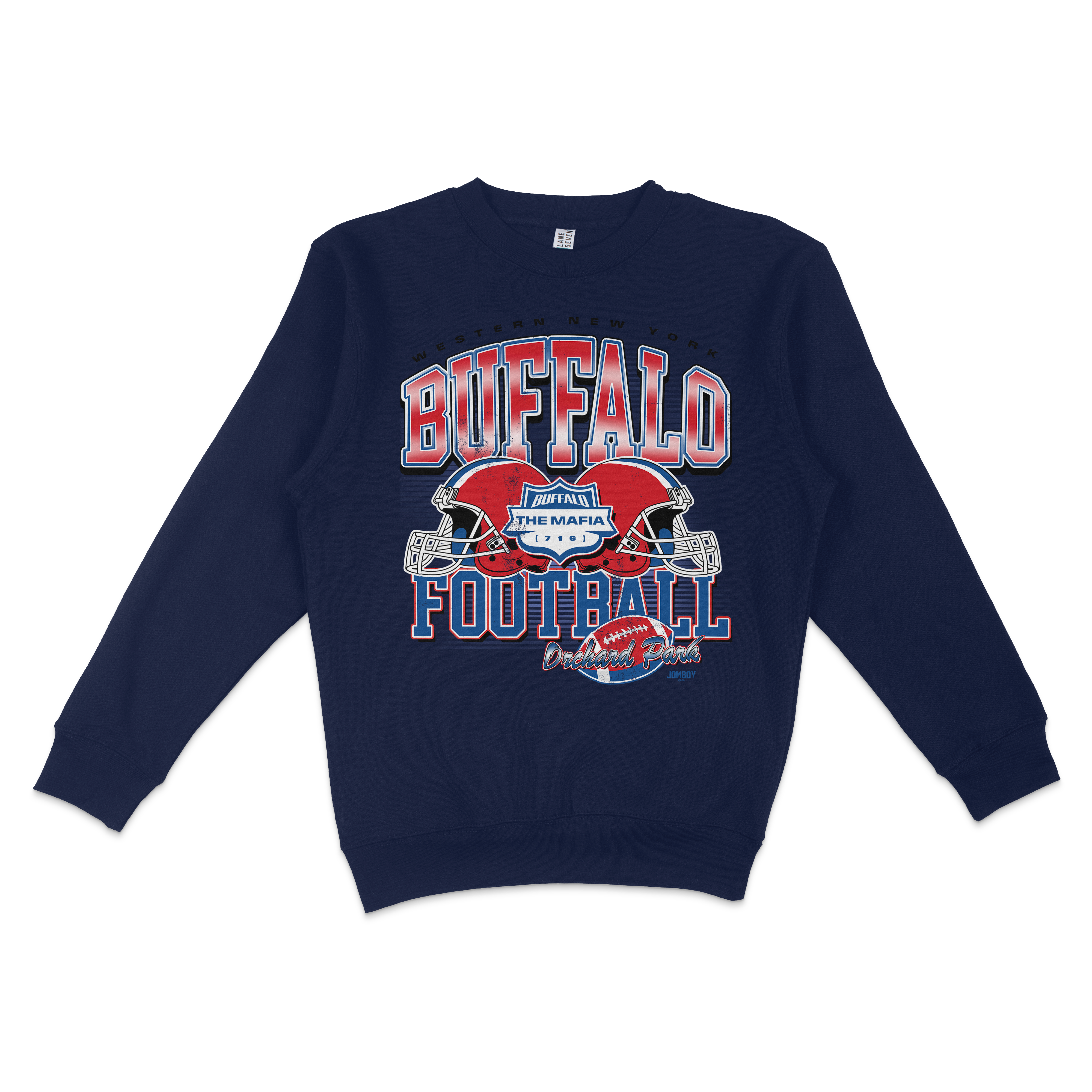 Navy blue crewneck sweatshirt featuring a bold graphic design with football helmets, "Buffalo Football," and related team and location details.