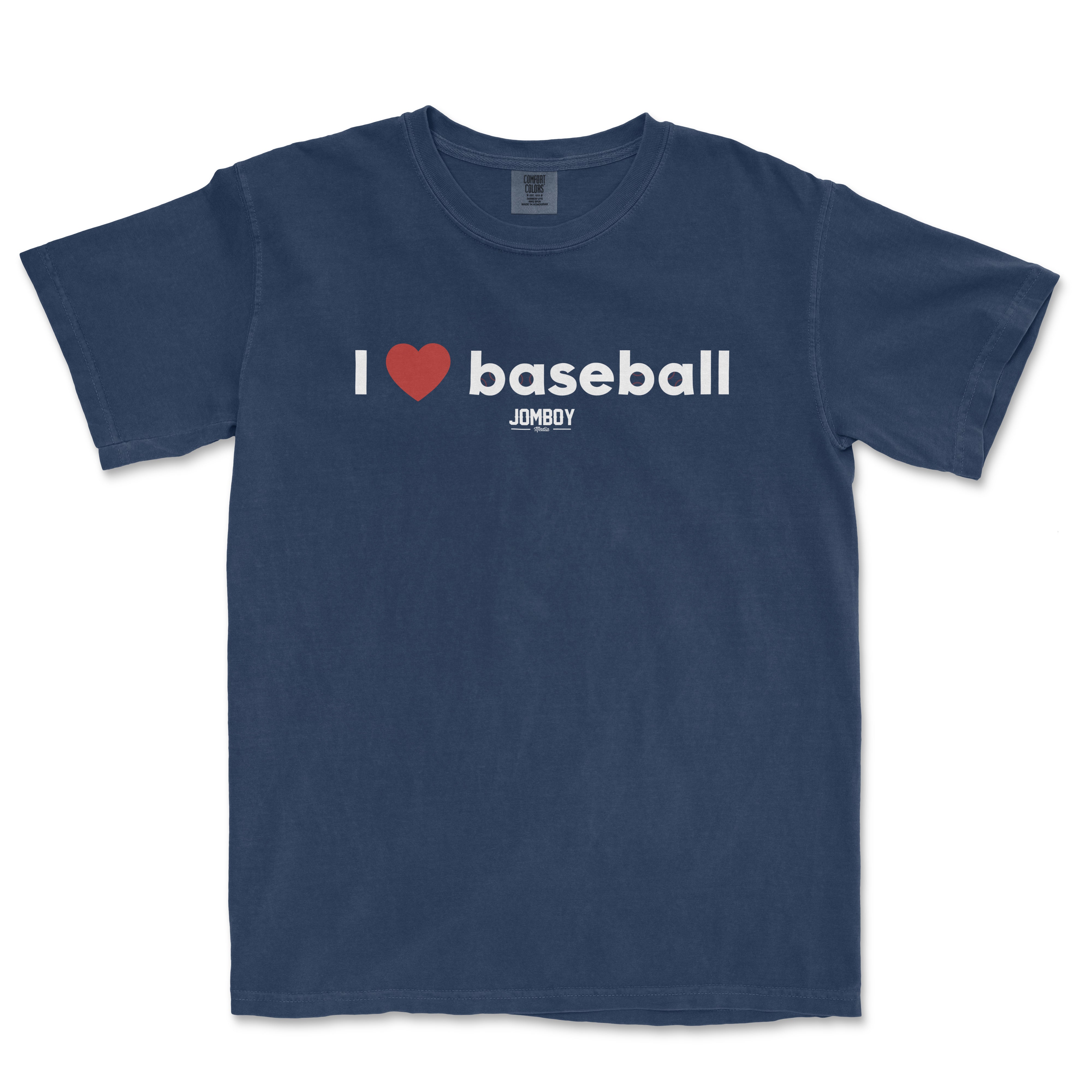 Blue vintage Comfort Colors T-shirt with "I ❤️ baseball" text and "JOMBOY" logo, celebrating love for baseball.