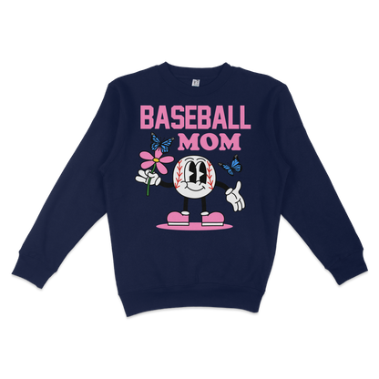 Navy crewneck sweatshirt featuring "Baseball Mom" text, cartoon baseball character, pink shoes, flowers, and butterflies.