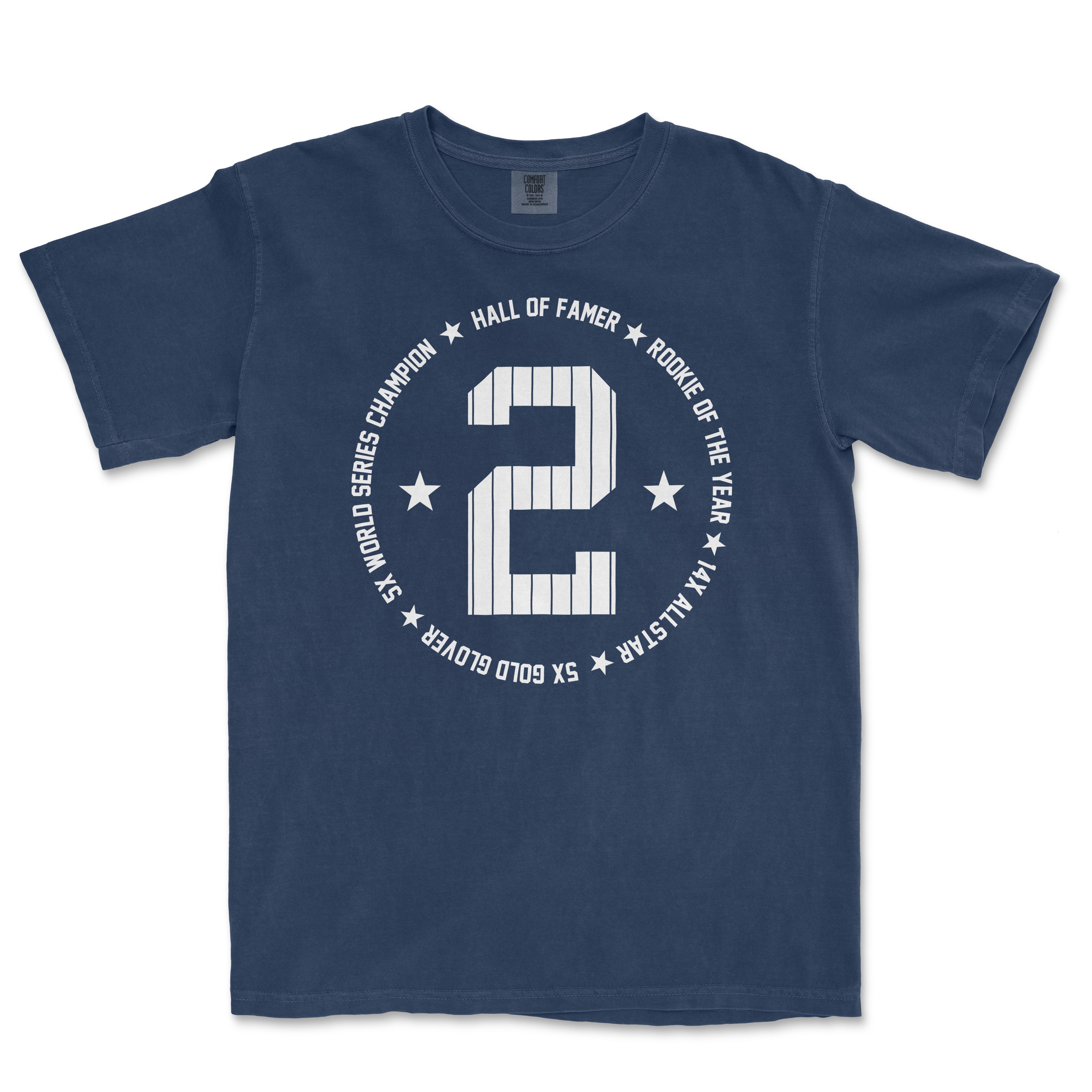 Navy blue Comfort Colors t-shirt featuring a large white number '2' and text that includes 'Hall of Famer', 'Rookie of the Year', and 'World Series Champion' in a circular arrangement.