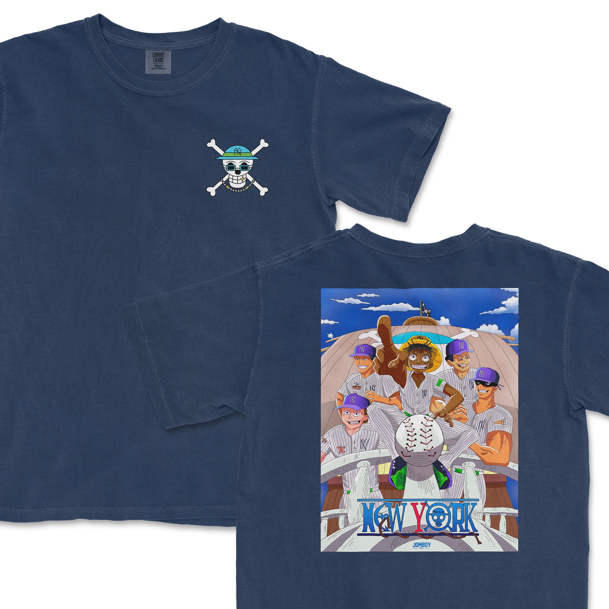 Navy Comfort Colors T-shirt featuring a cartoon baseball team with a skull and crossbones logo, "New York" text, and vibrant graphics.