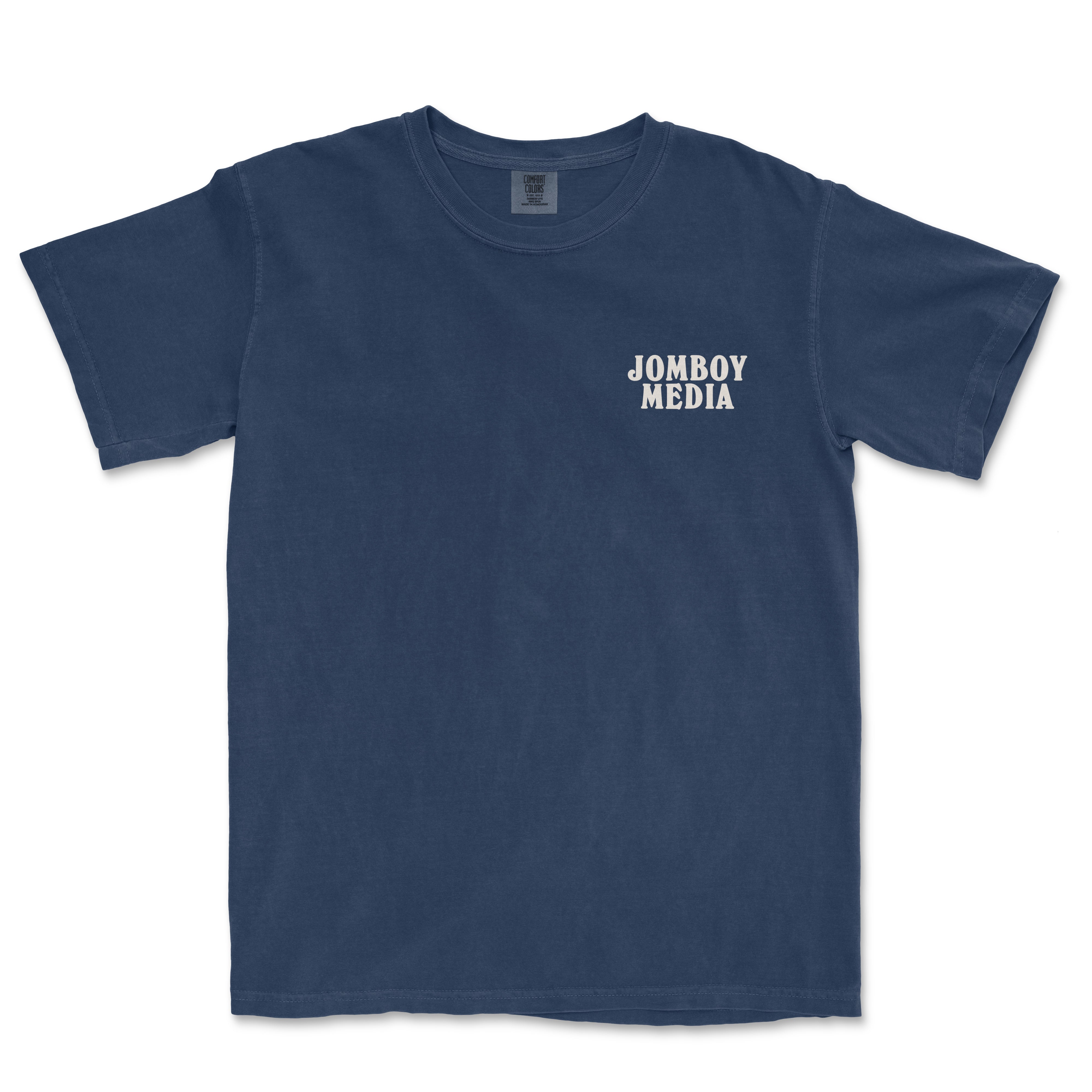 Blue T-shirt with "JOMBOY MEDIA" printed in white on the upper left chest area.