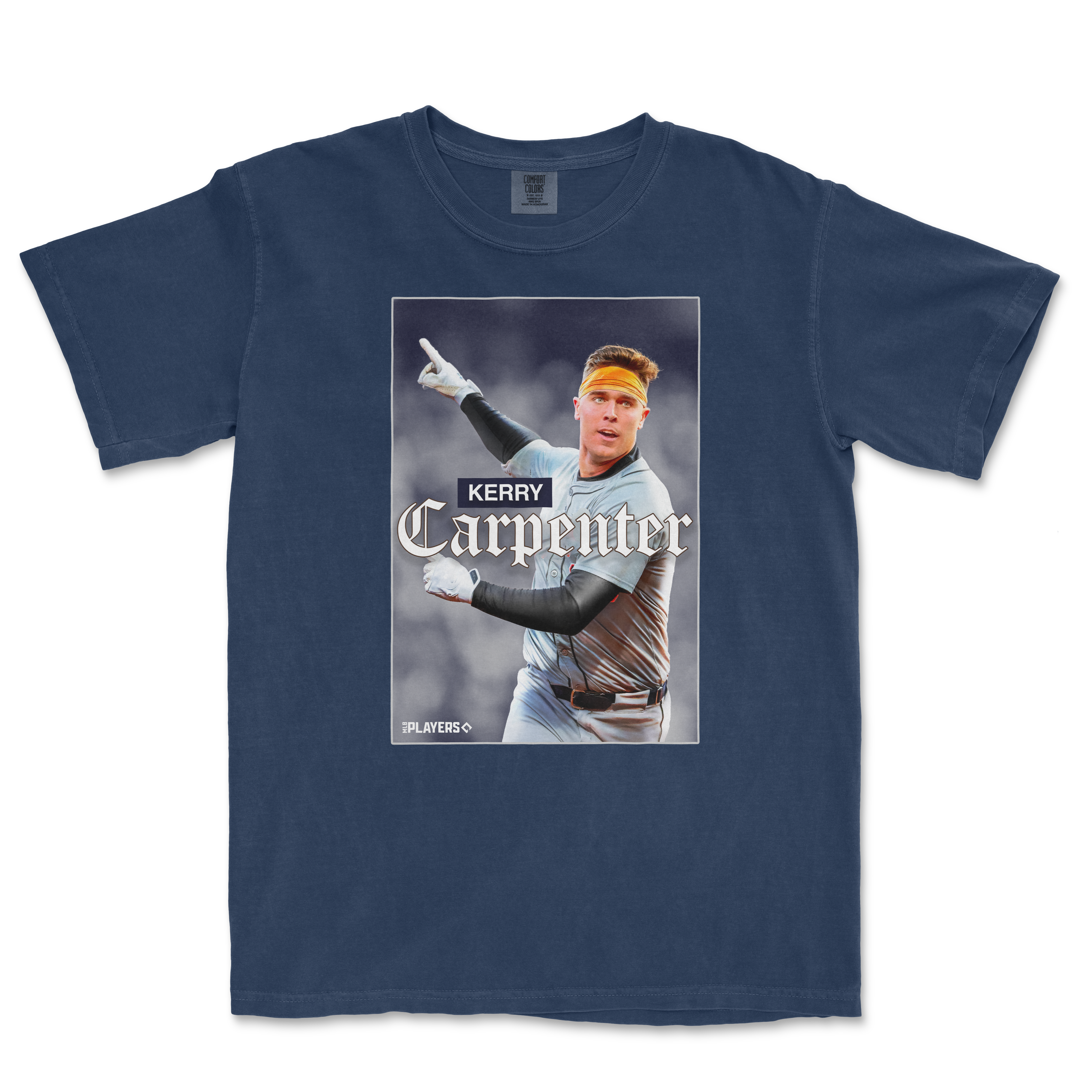 Comfort Colors tee featuring a graphic of Kerry Carpenter in a baseball uniform, pointing with text "Kerry Carpenter" on the front.