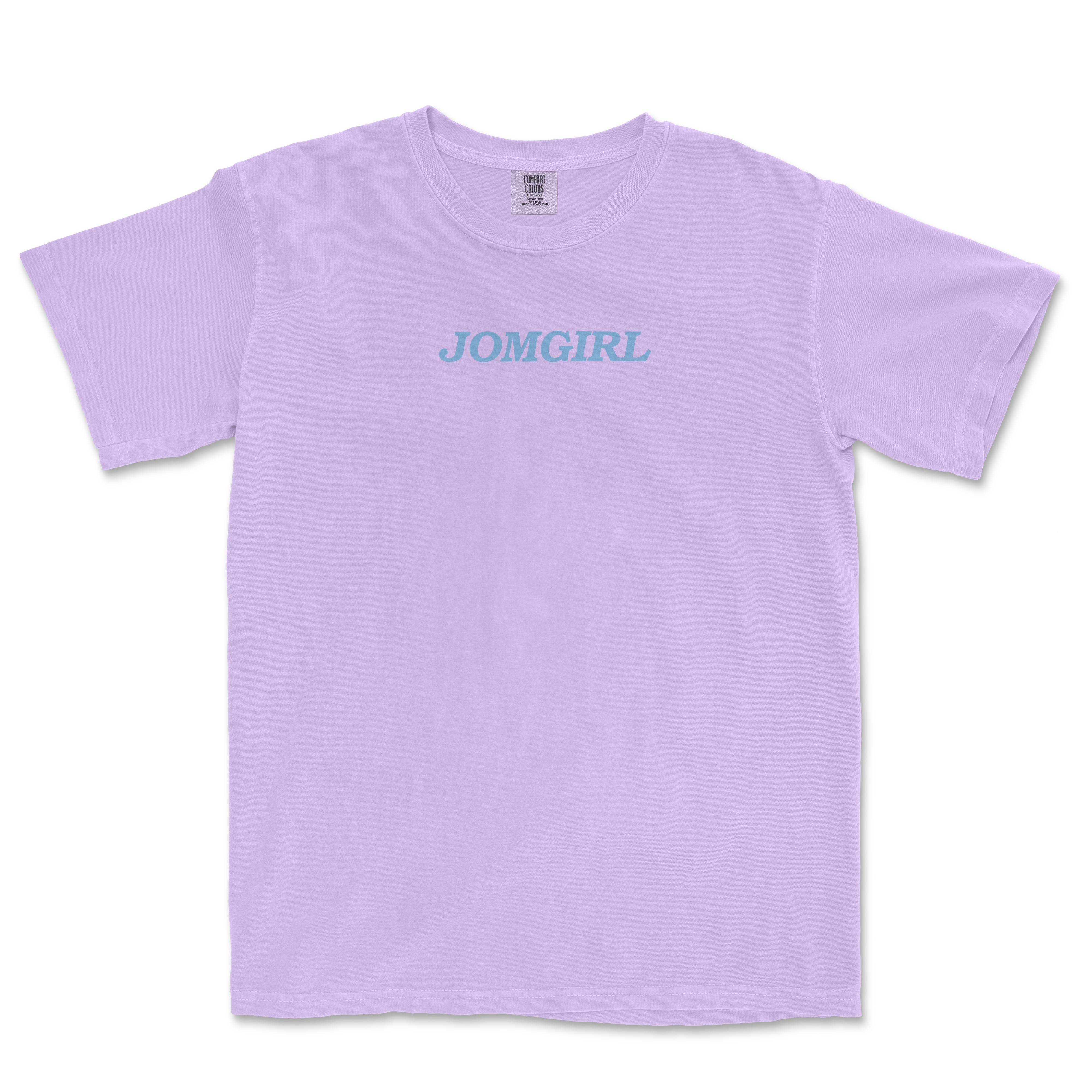 Light purple Jomgirl t-shirt featuring bold blue text, perfect for sports fans and casual wear.